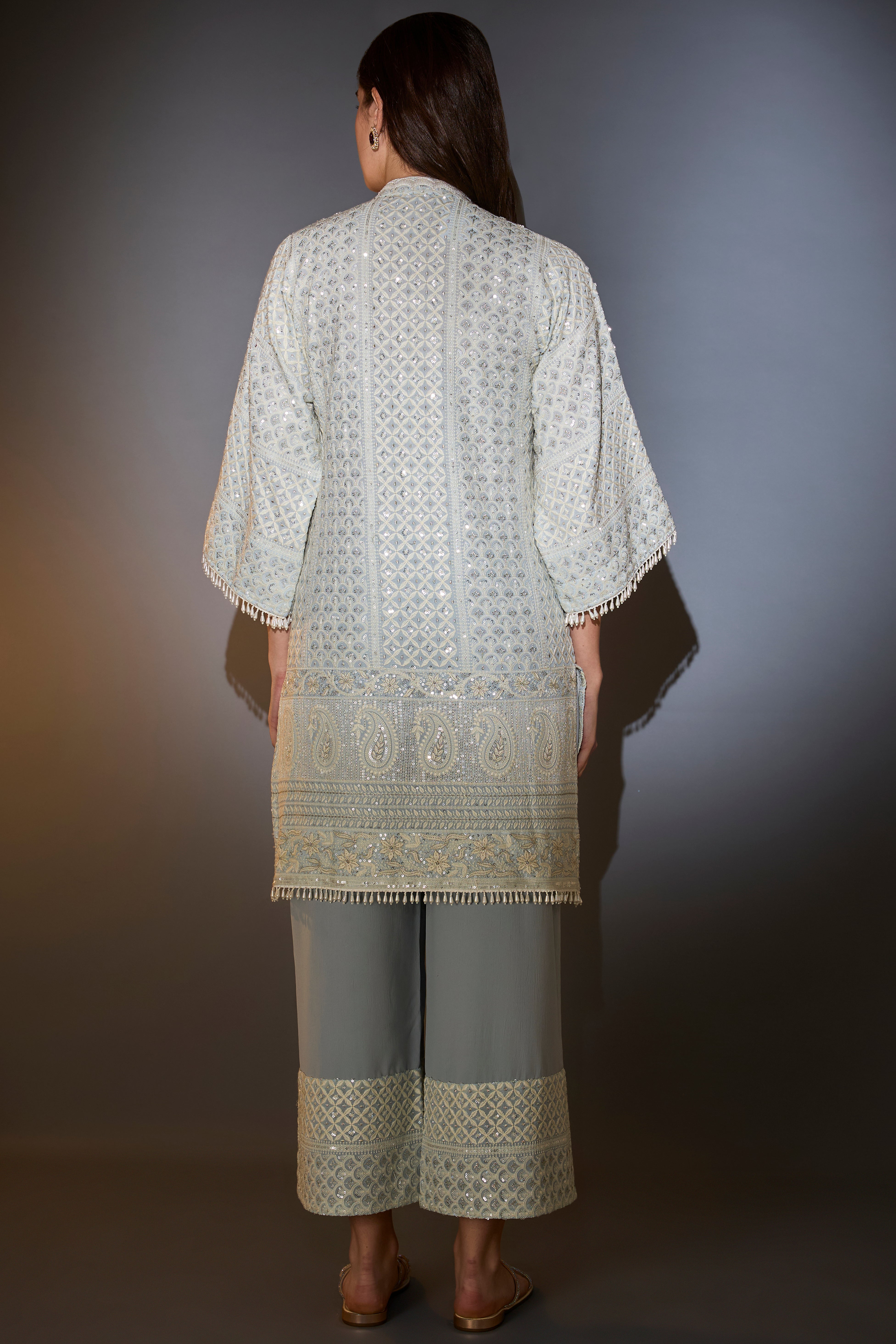 powder blue chikankari suit set with intricate thread and sequins work