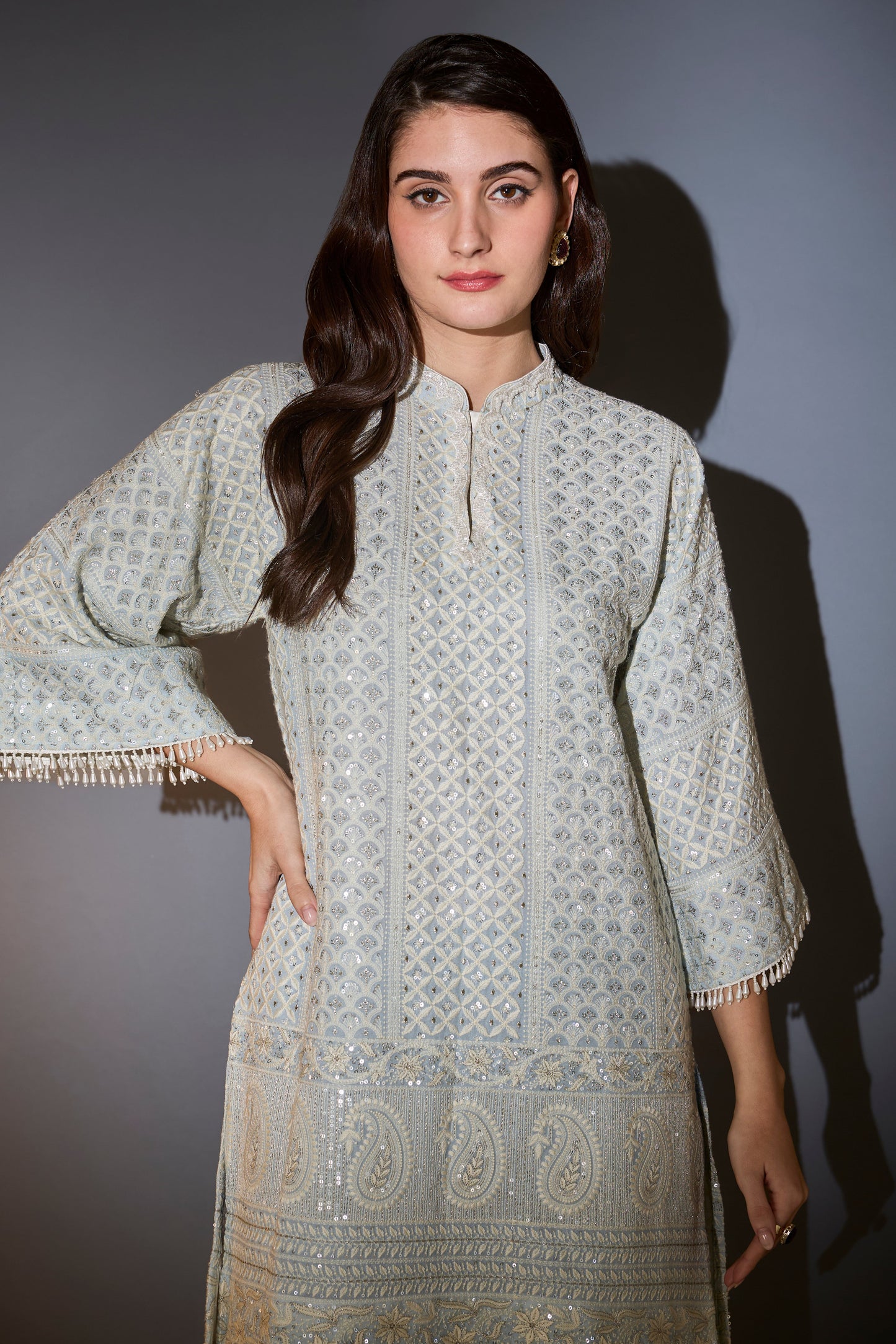 powder blue chikankari suit set with intricate thread and sequins work