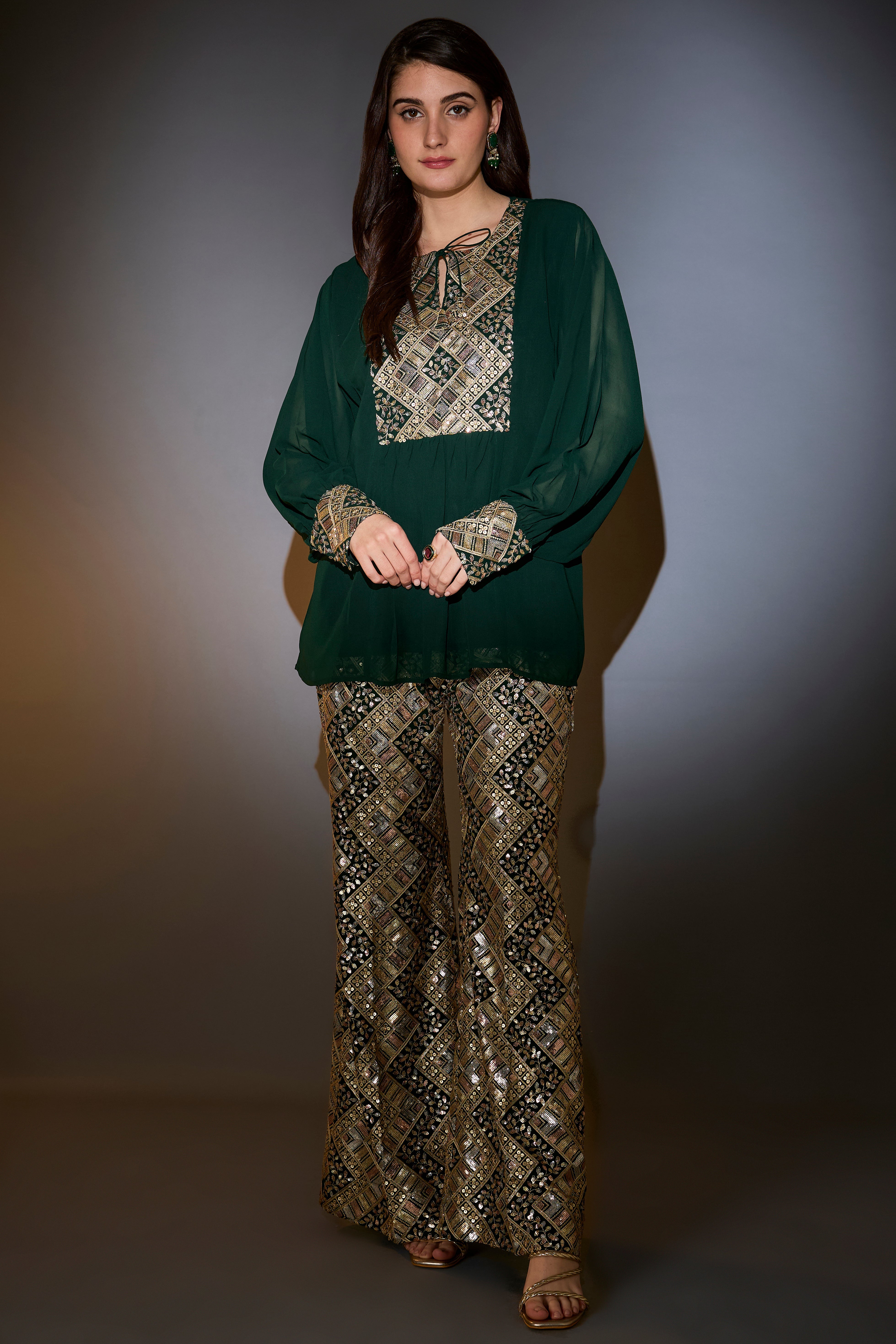 green co ord set intertwining gold and multi colour sequin embroidery