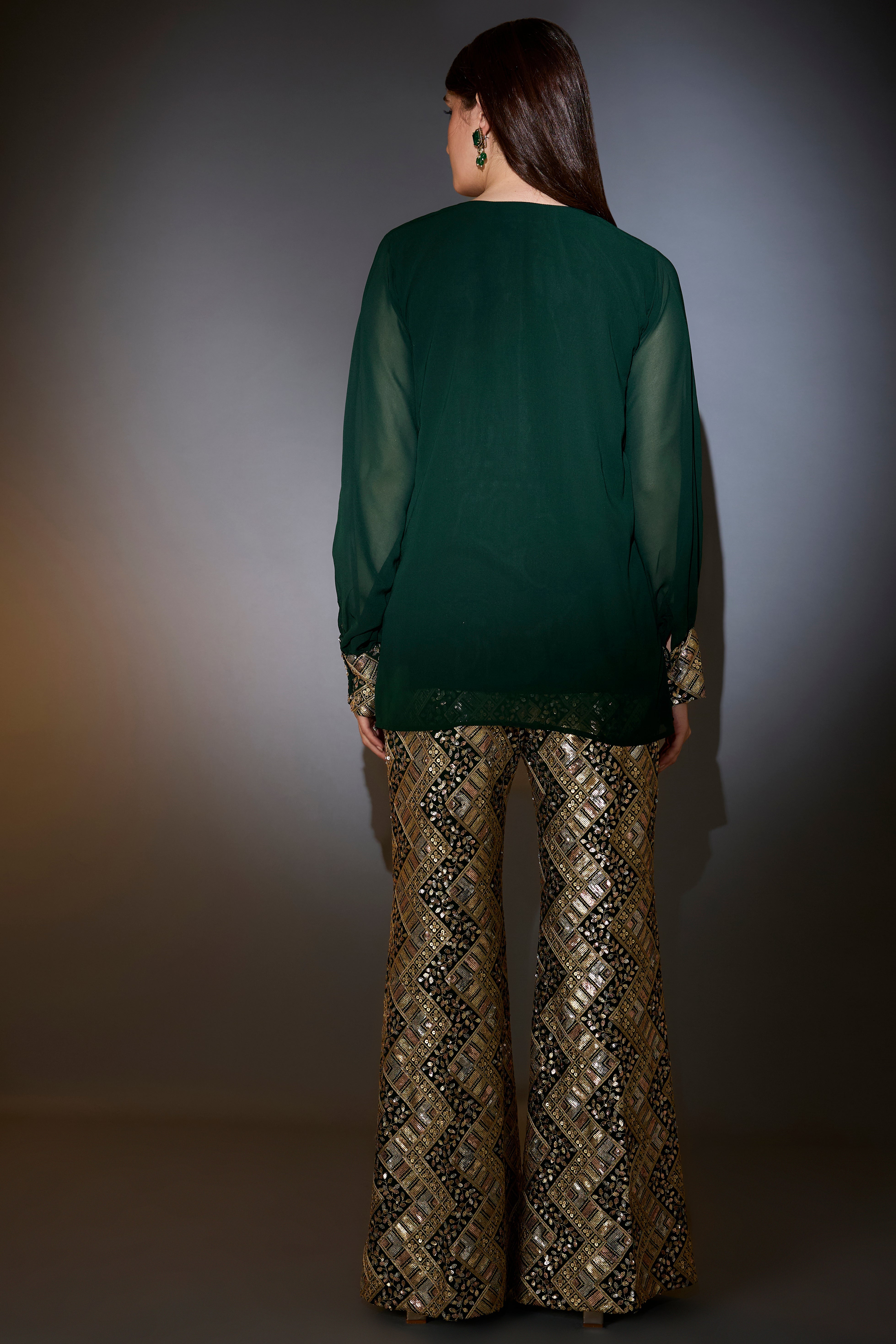 green co ord set intertwining gold and multi colour sequin embroidery