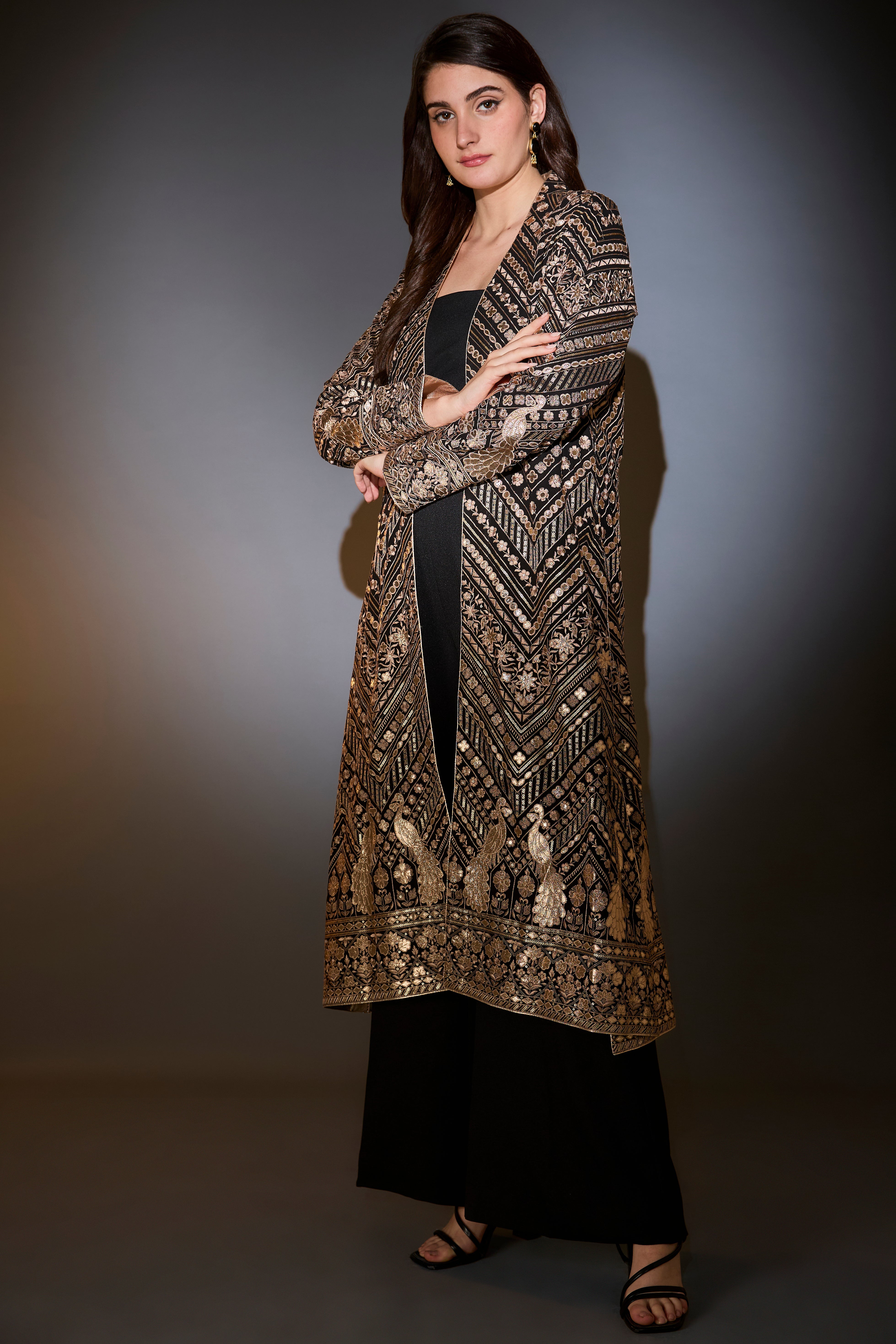 black jacket set with sharara adorned with heavy gold leather patch embroidery