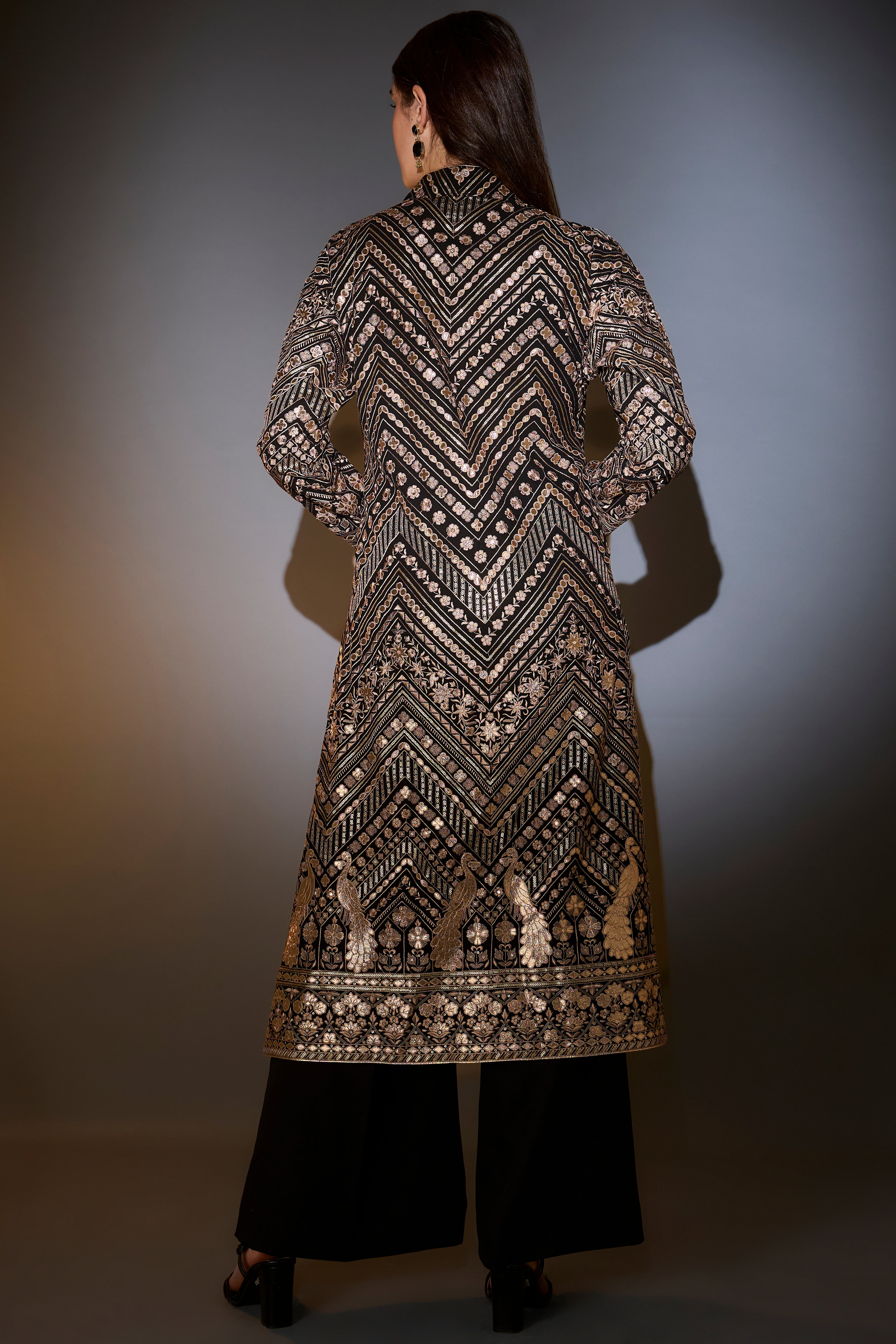 black jacket set with sharara adorned with heavy gold leather patch embroidery