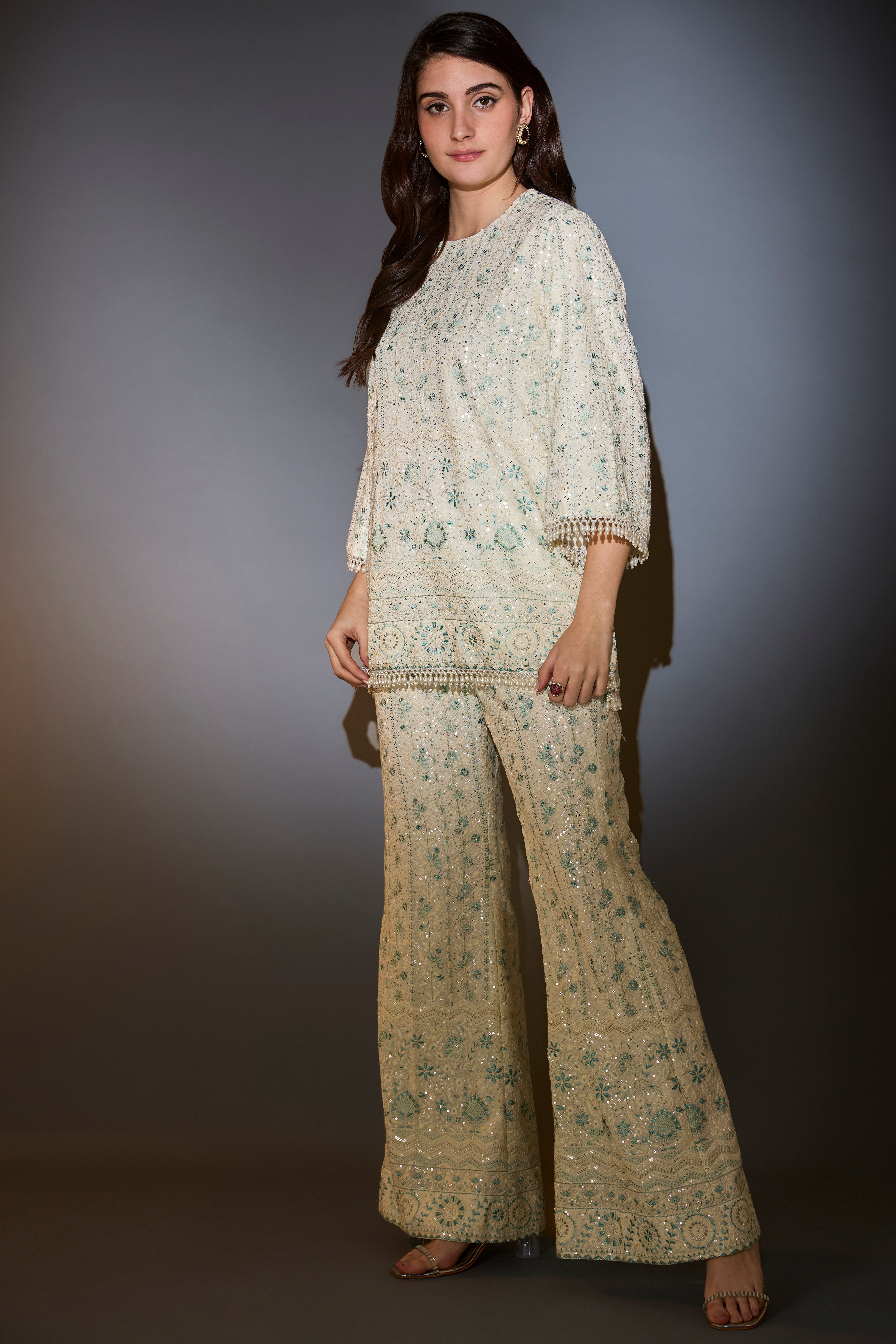 white and aqua chikankari co ord set with intricate thread and sequin embroidery