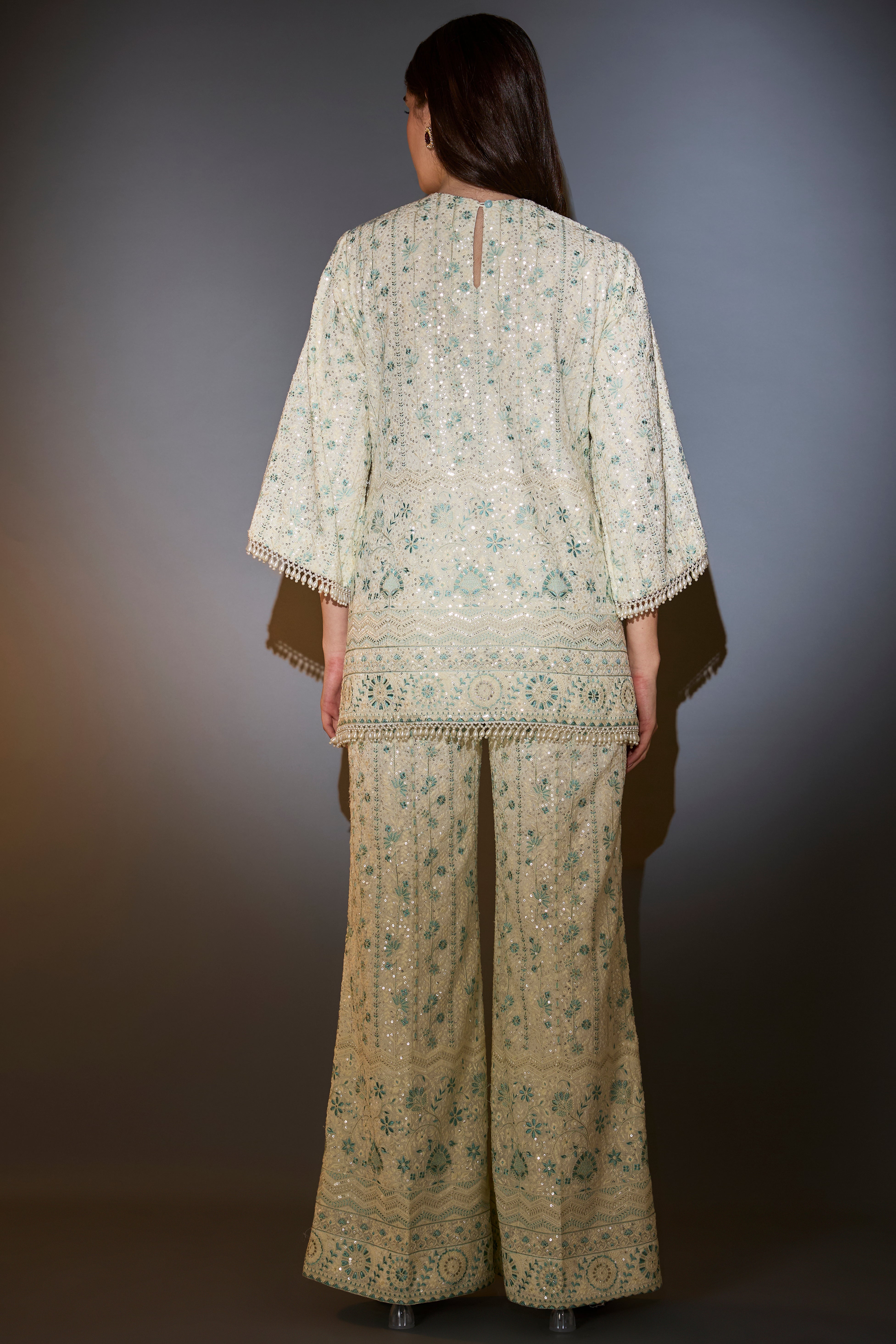 white and aqua chikankari co ord set with intricate thread and sequin embroidery
