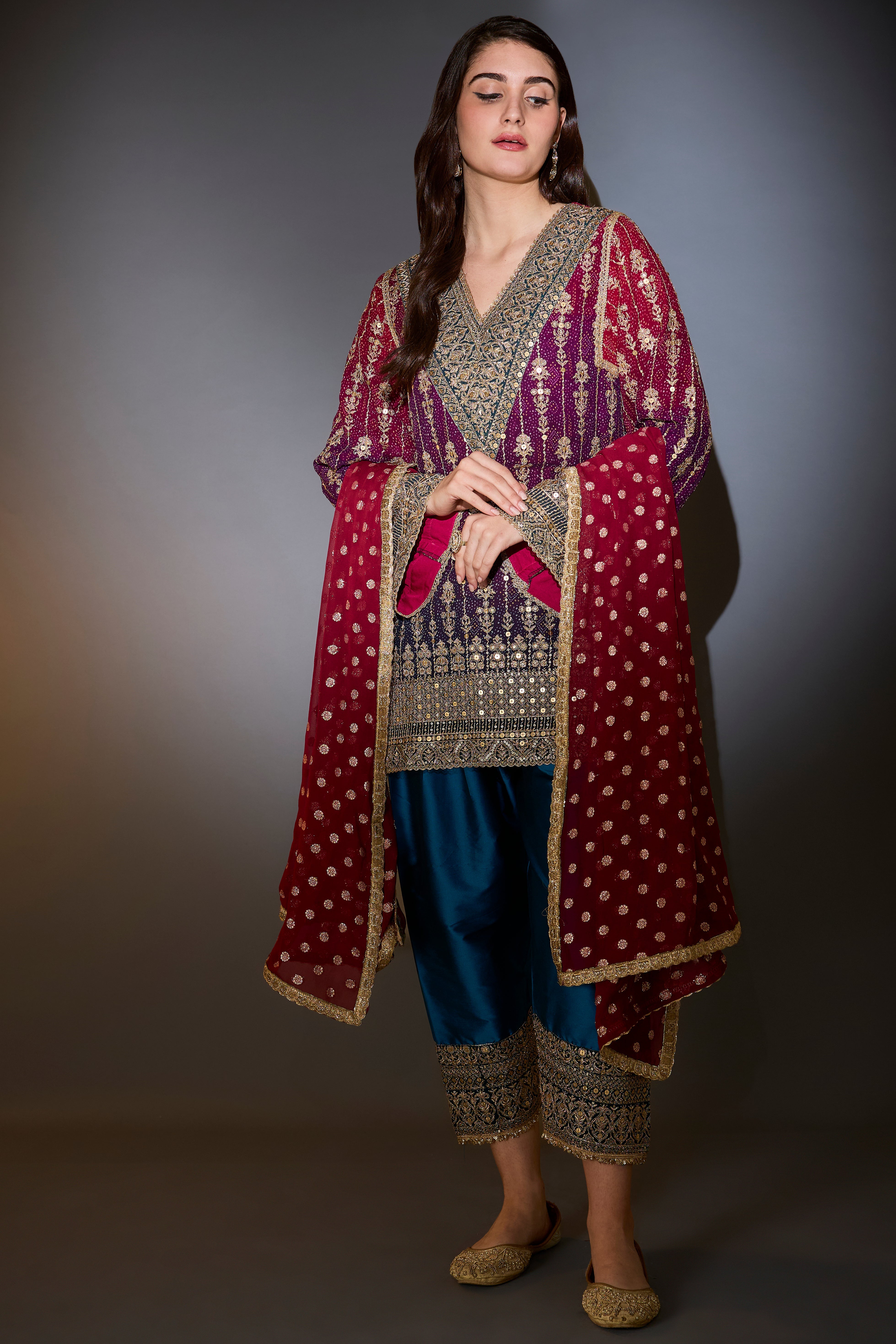 suit set with short ombre kurta with intricate aari work paired with banarsi dupatta with borders and silk salwar