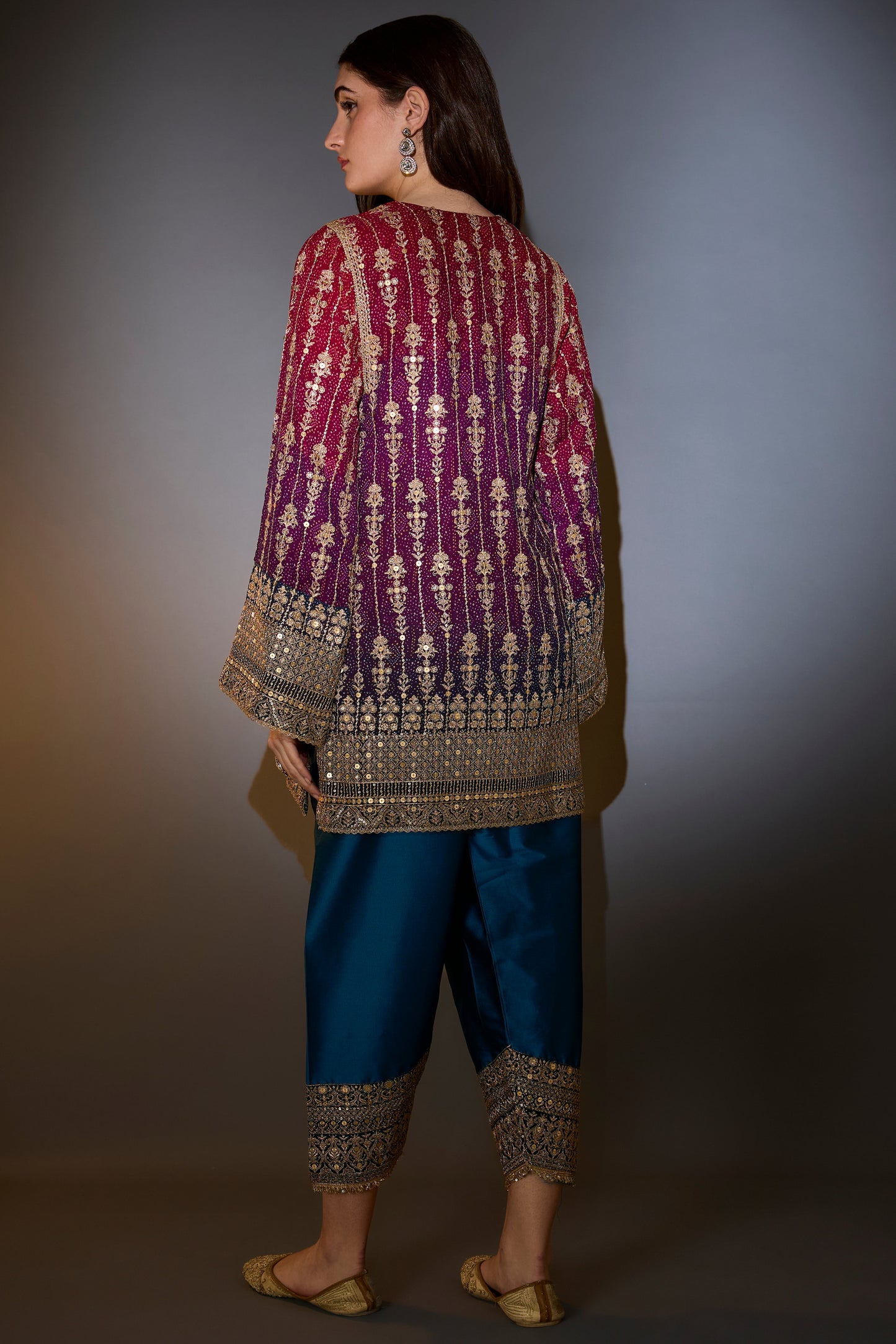 suit set with short ombre kurta with intricate aari work paired with banarsi dupatta with borders and silk salwar