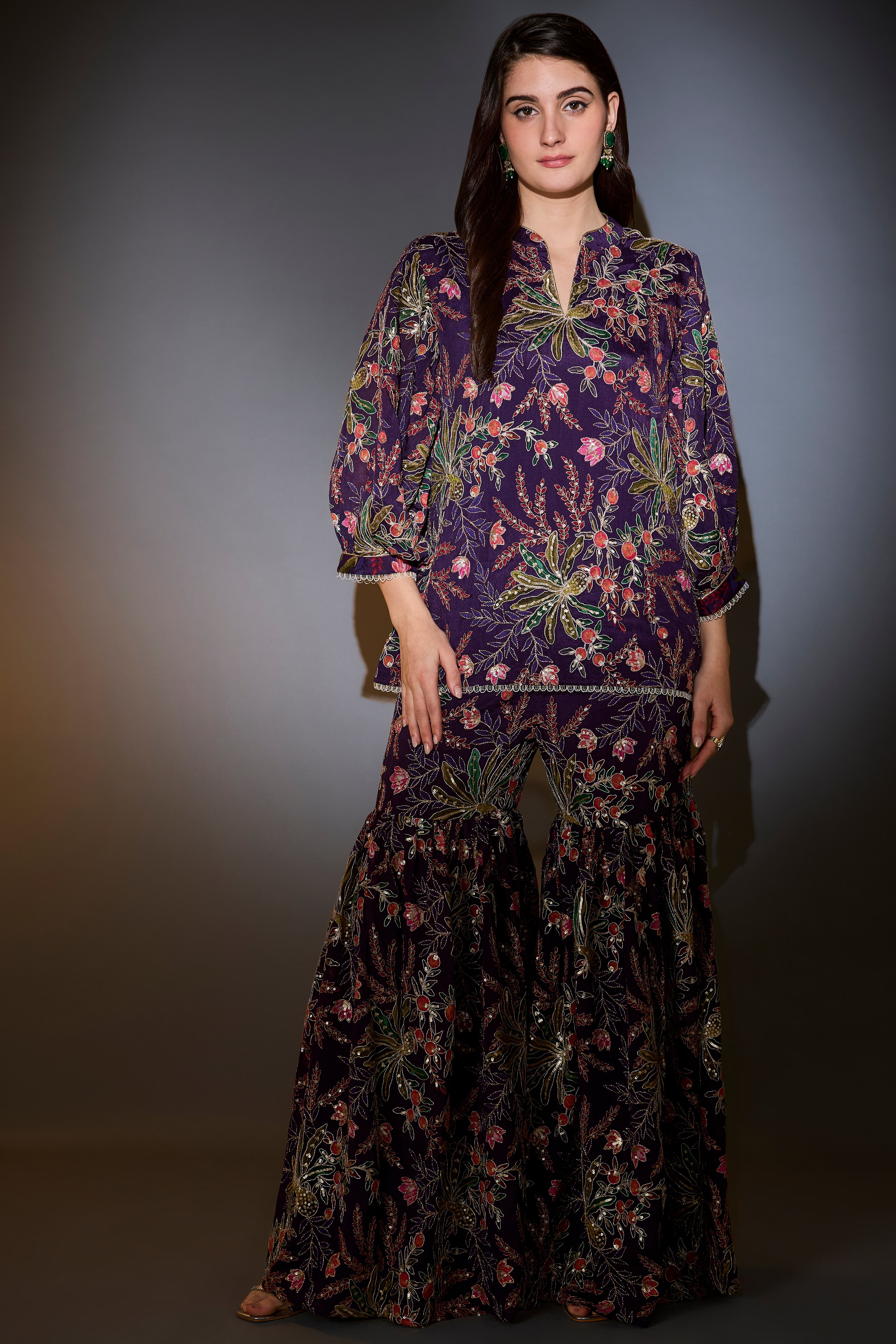 short purple sharara set with all over multi thread floral embroidery highlighted with intricate aari work