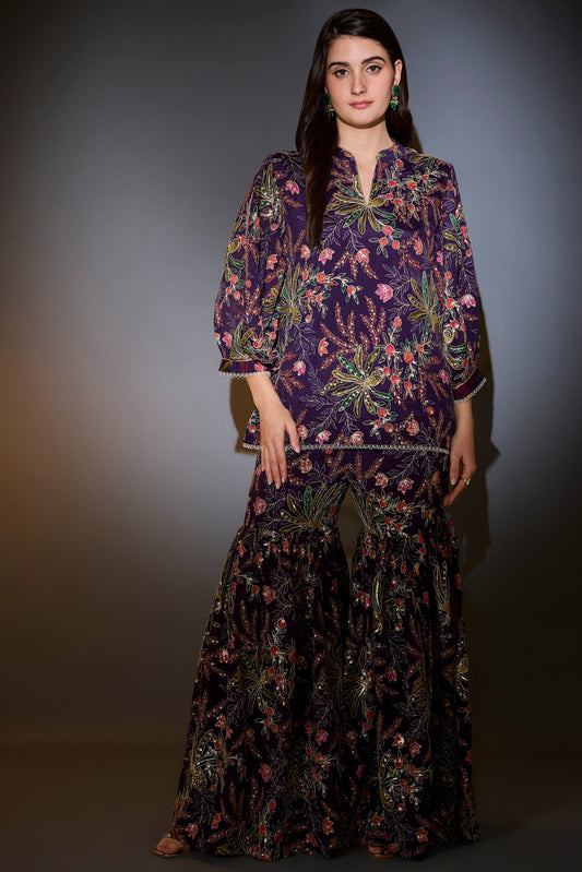 short purple sharara set with all over multi thread floral embroidery highlighted with intricate aari work