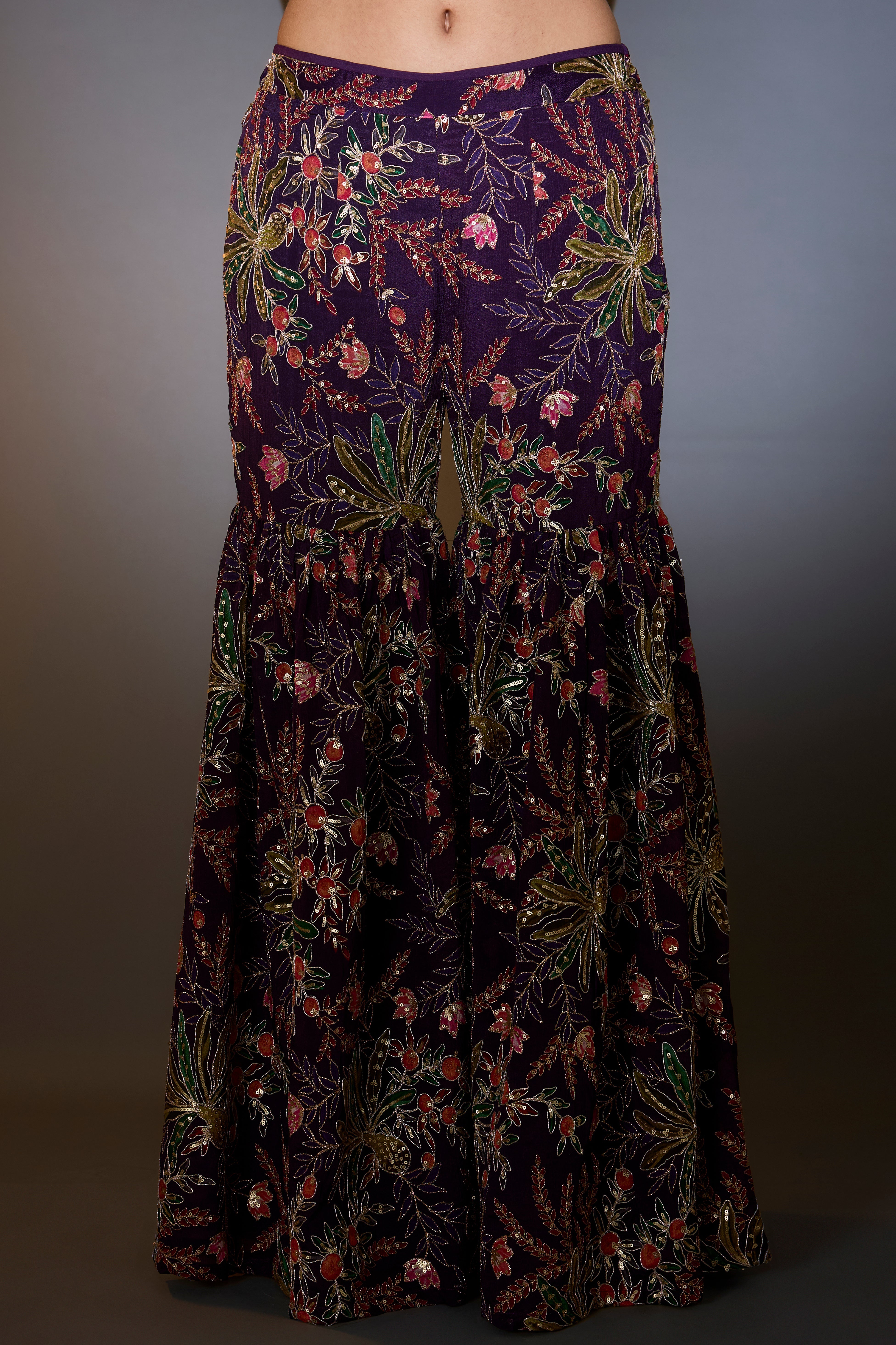 short purple sharara set with all over multi thread floral embroidery highlighted with intricate aari work