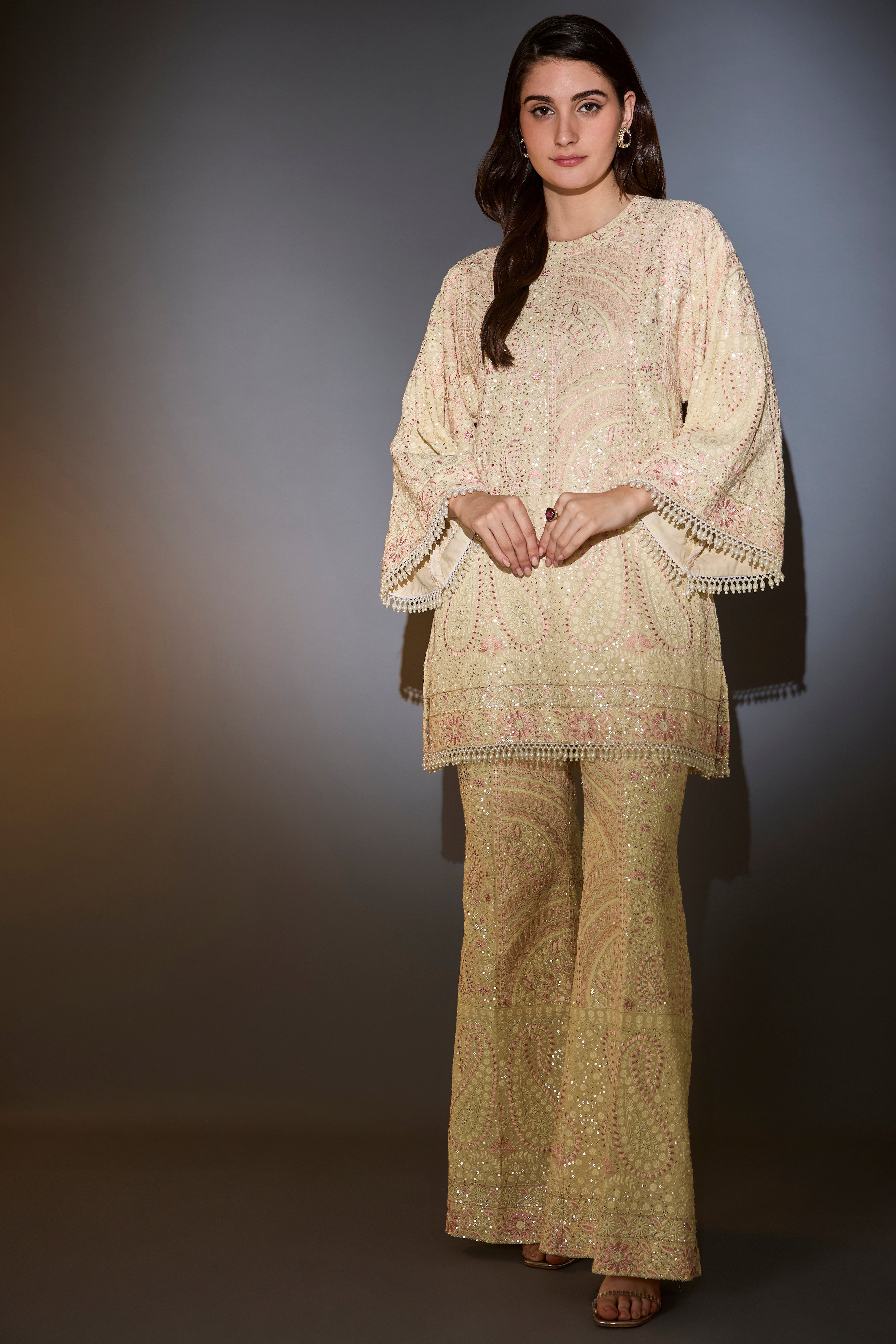 cream chikankari co ord set with intricate pink thread work and sequin embroidery