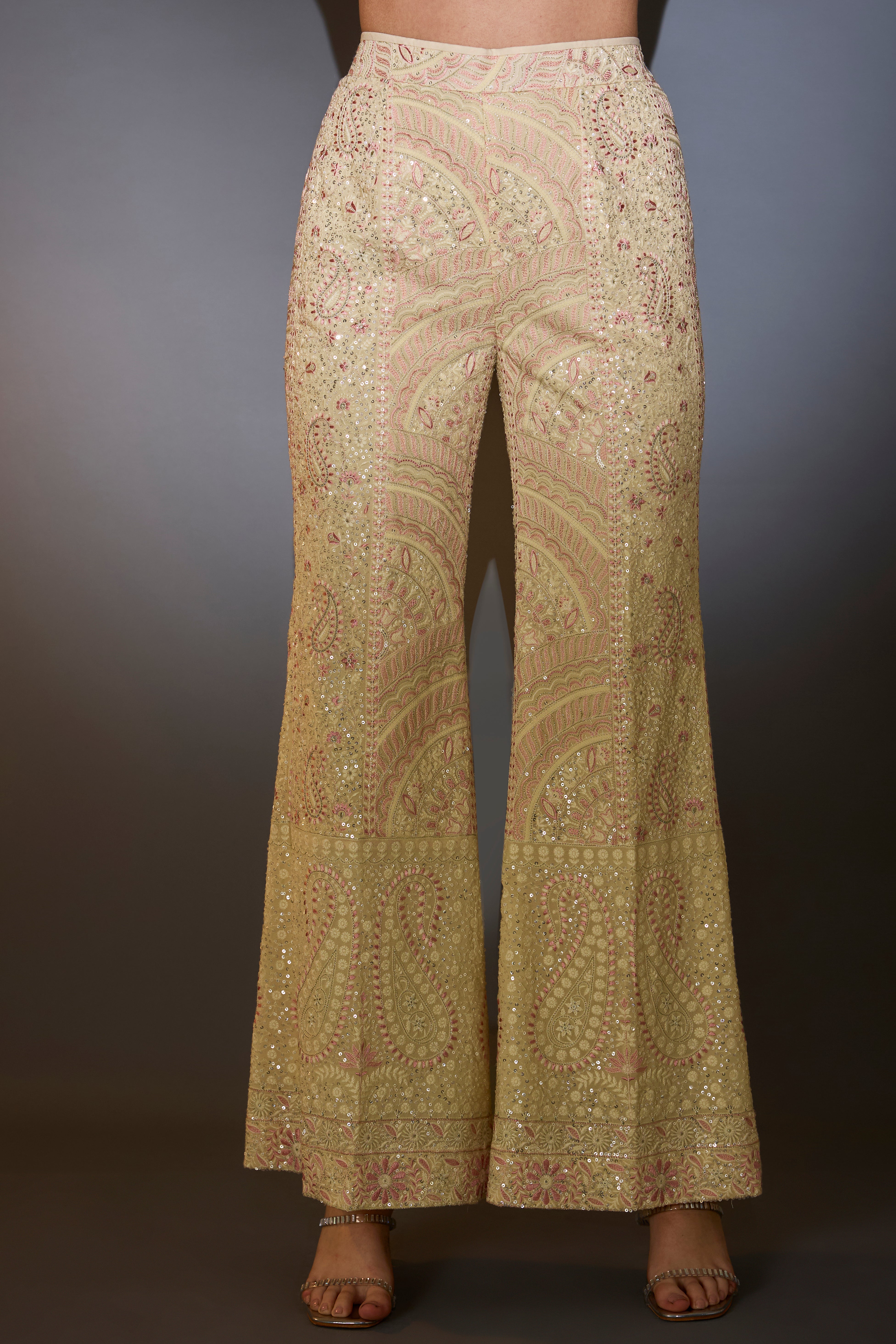 cream chikankari co ord set with intricate pink thread work and sequin embroidery