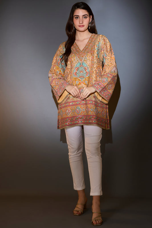mustard tunic with intricate multi thread and aari work