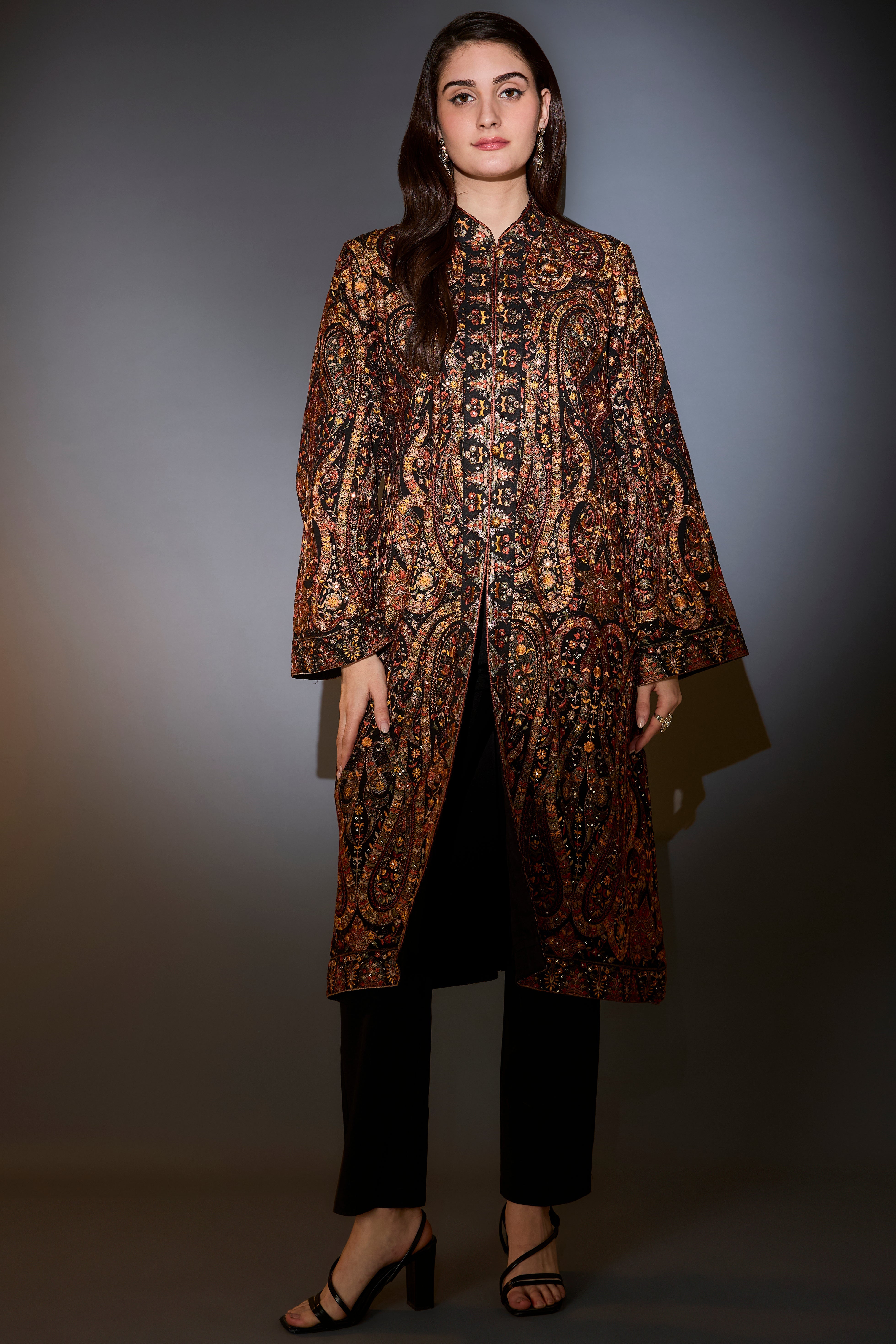 black kashmiri jamawar emroidered long jacket