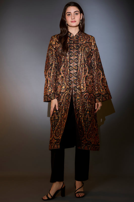 black kashmiri jamawar emroidered long jacket
