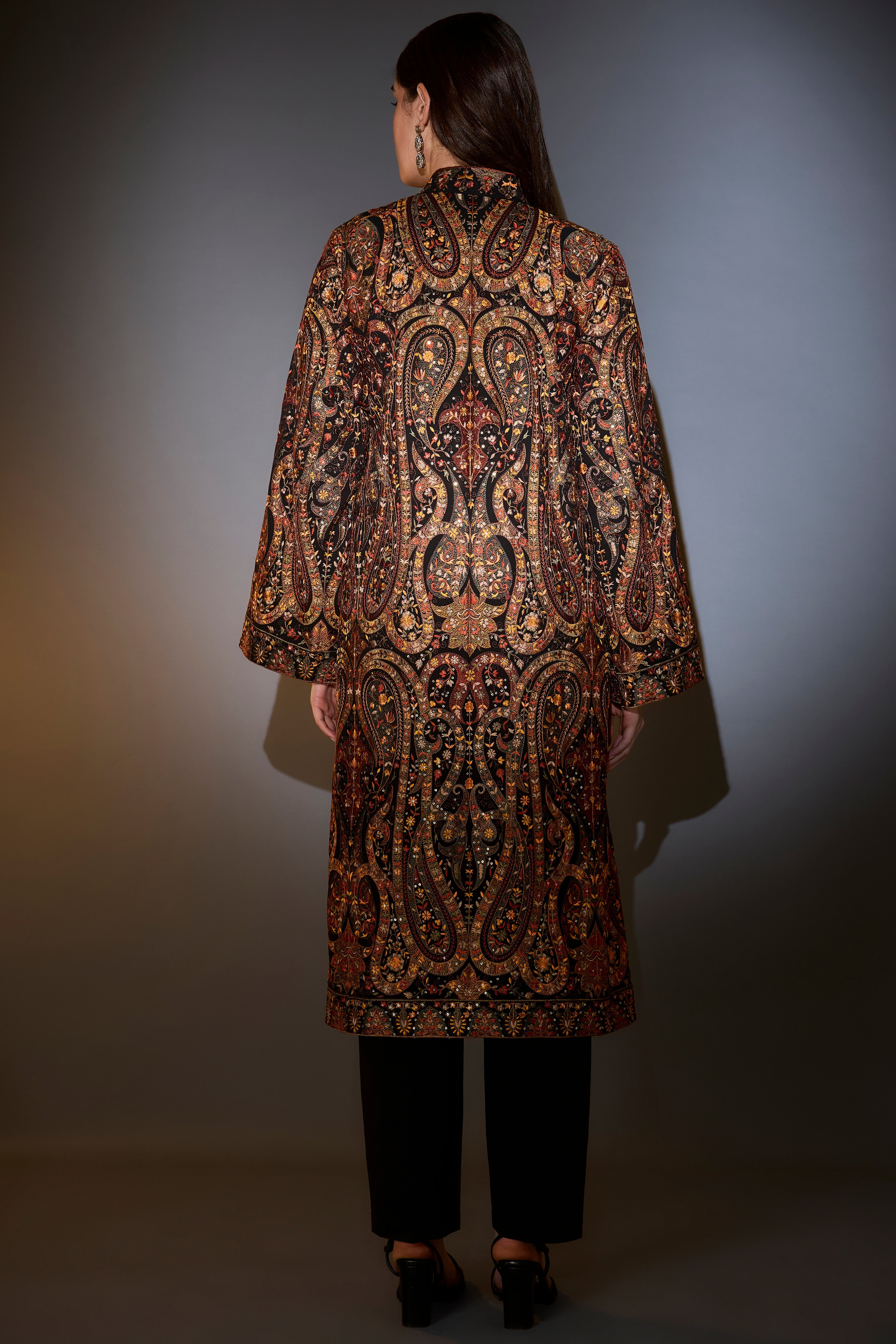 black kashmiri jamawar emroidered long jacket
