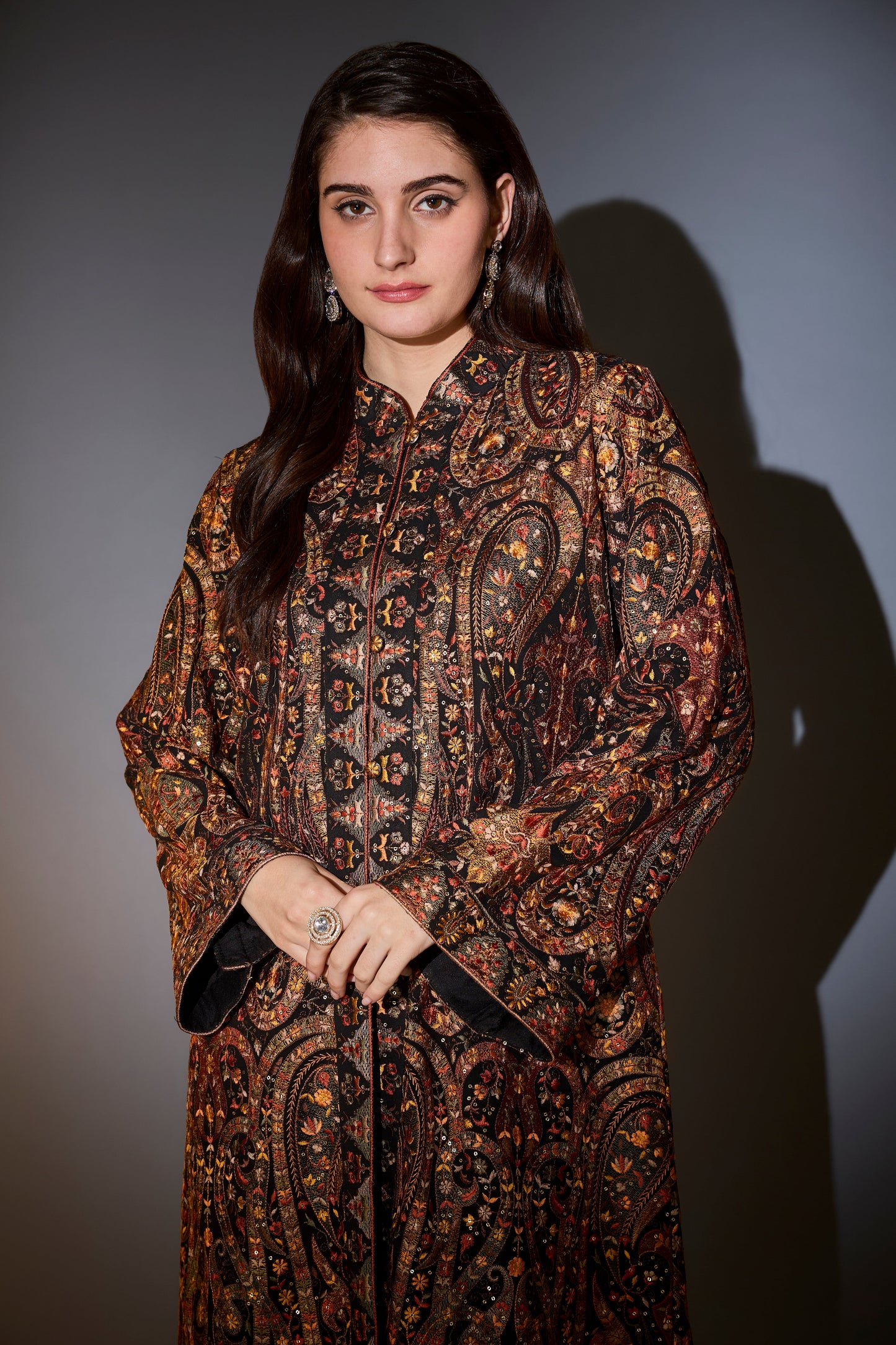 black kashmiri jamawar emroidered long jacket