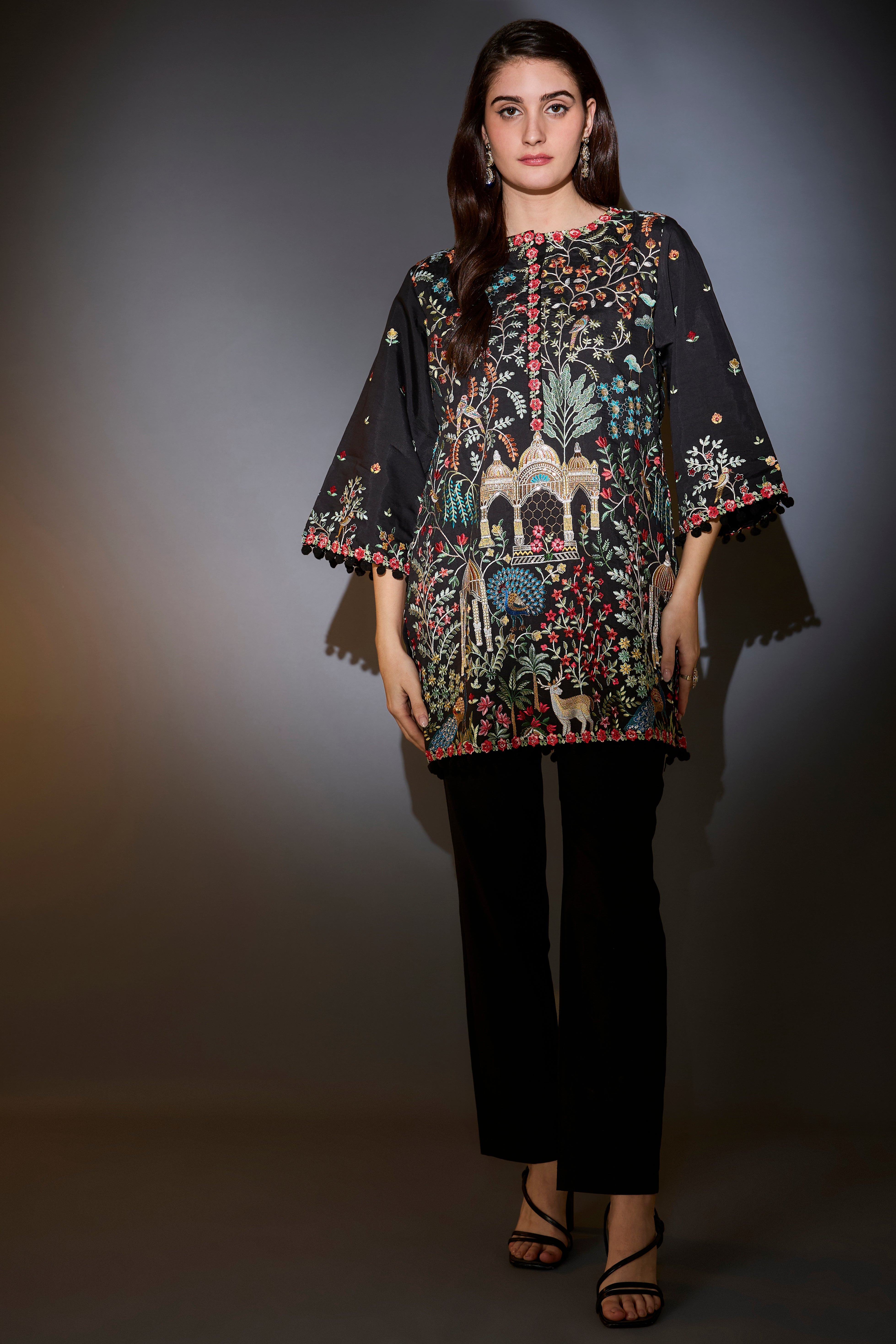 black multi thread work flora and fauna embroidered tunic