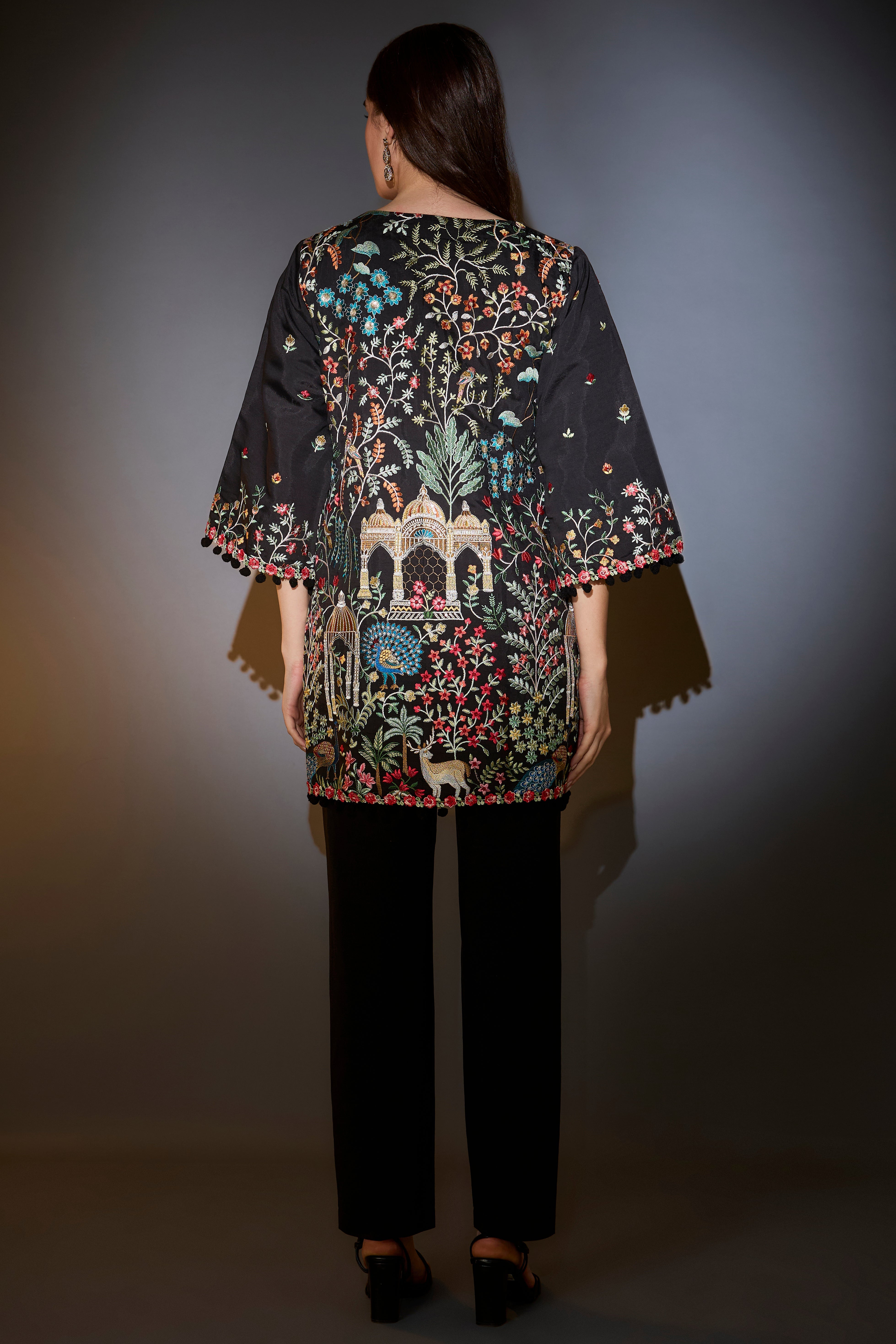black multi thread work flora and fauna embroidered tunic