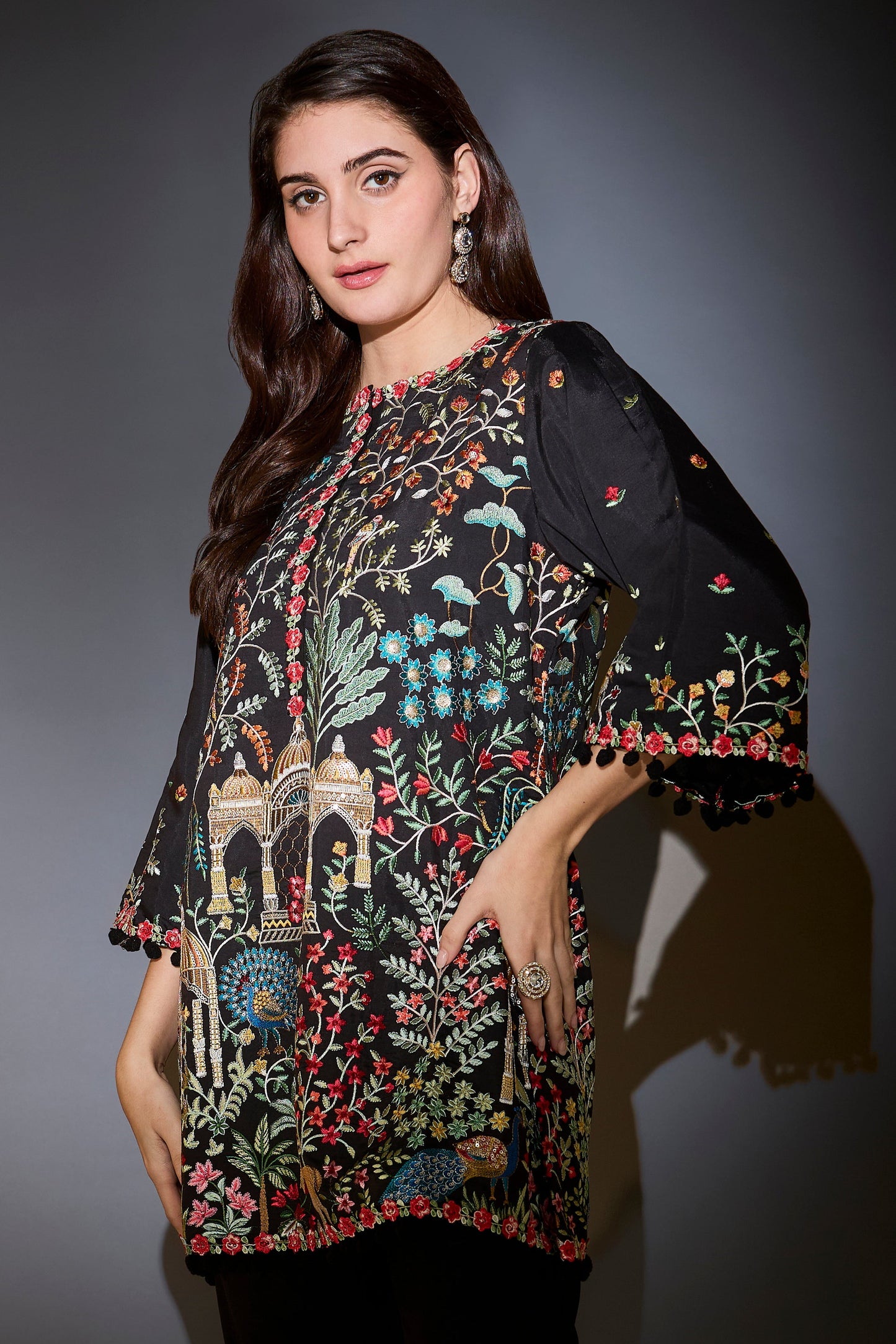 black multi thread work flora and fauna embroidered tunic