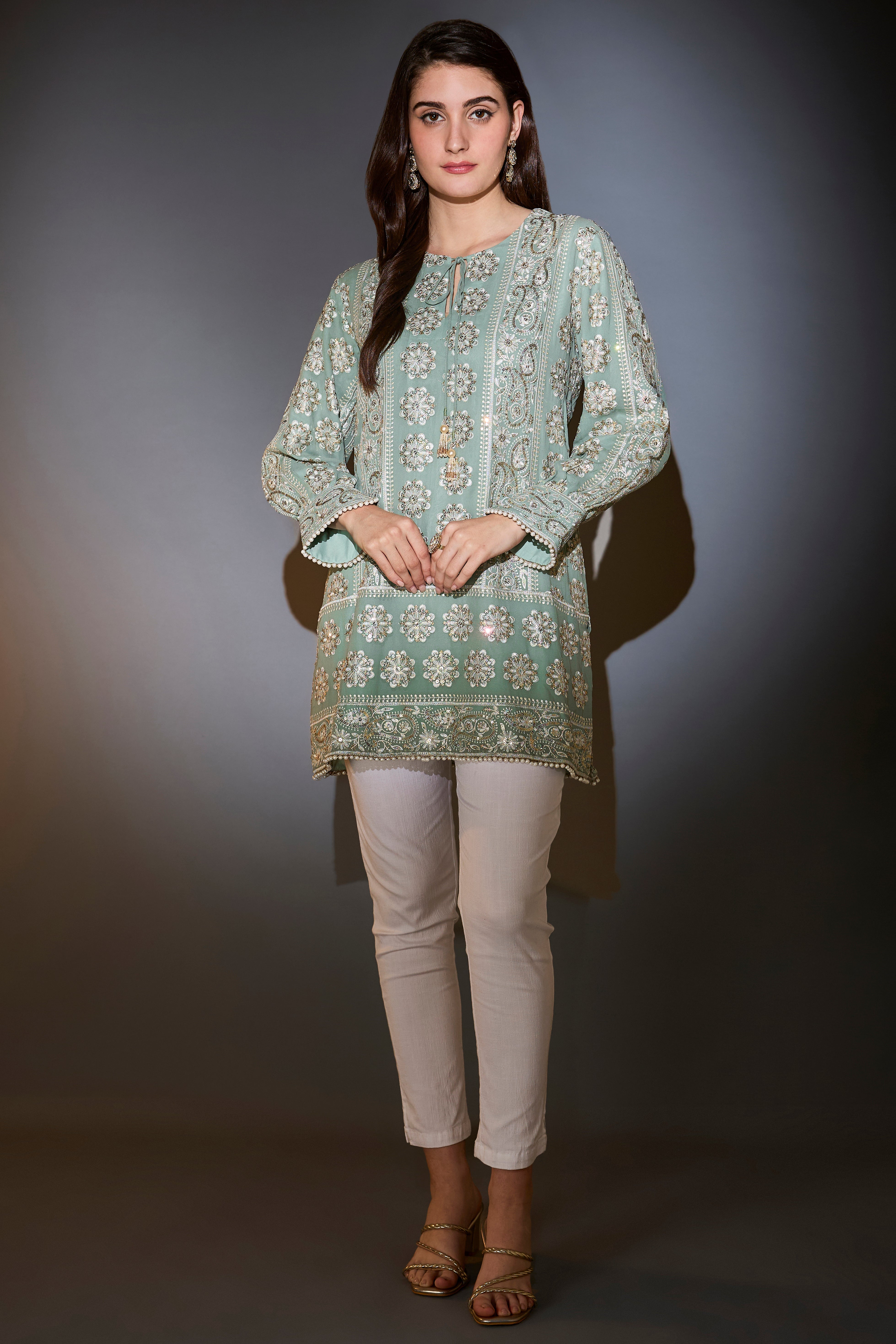 sage green chikankari tunic with sequins