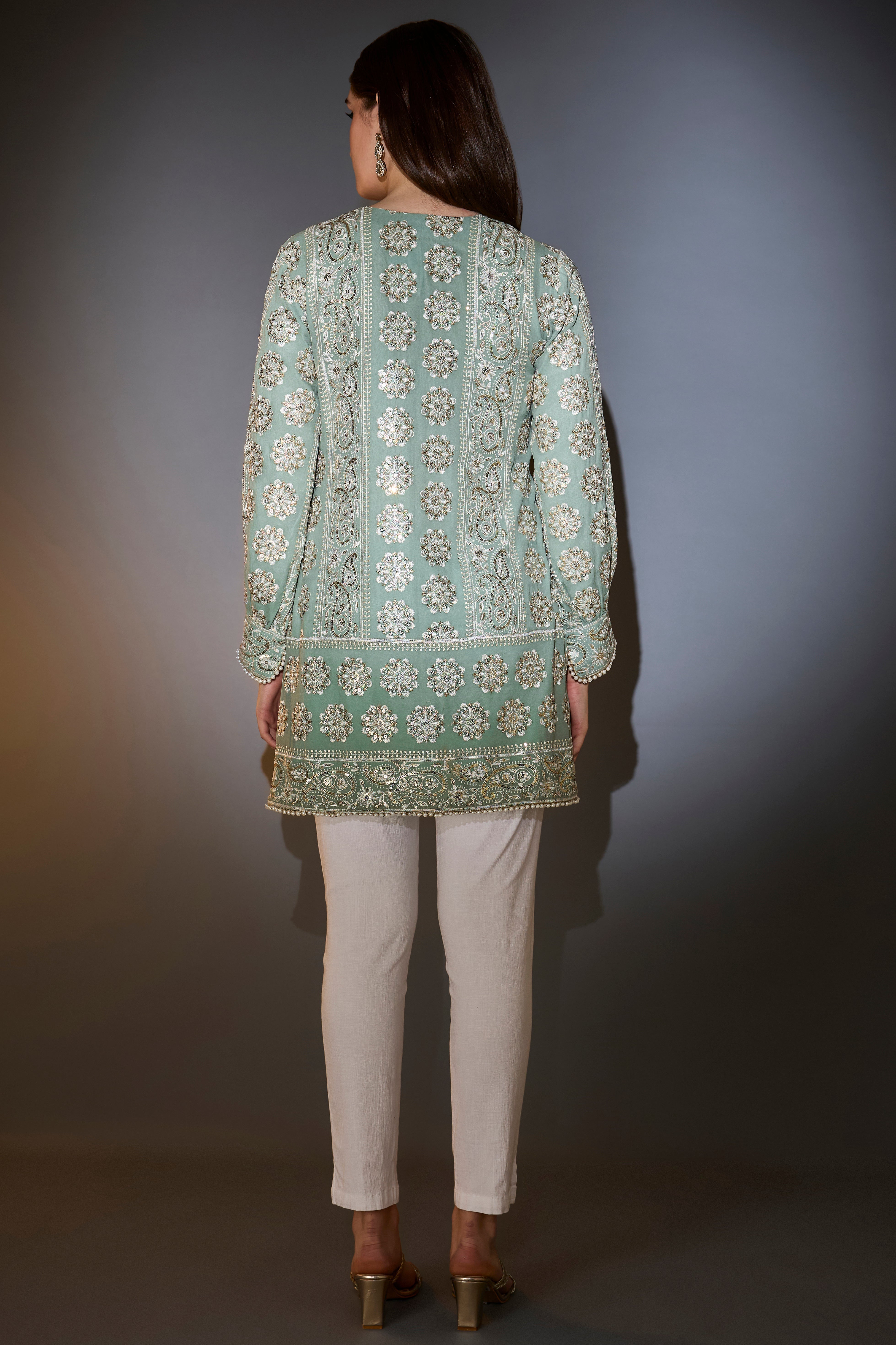 sage green chikankari tunic with sequins
