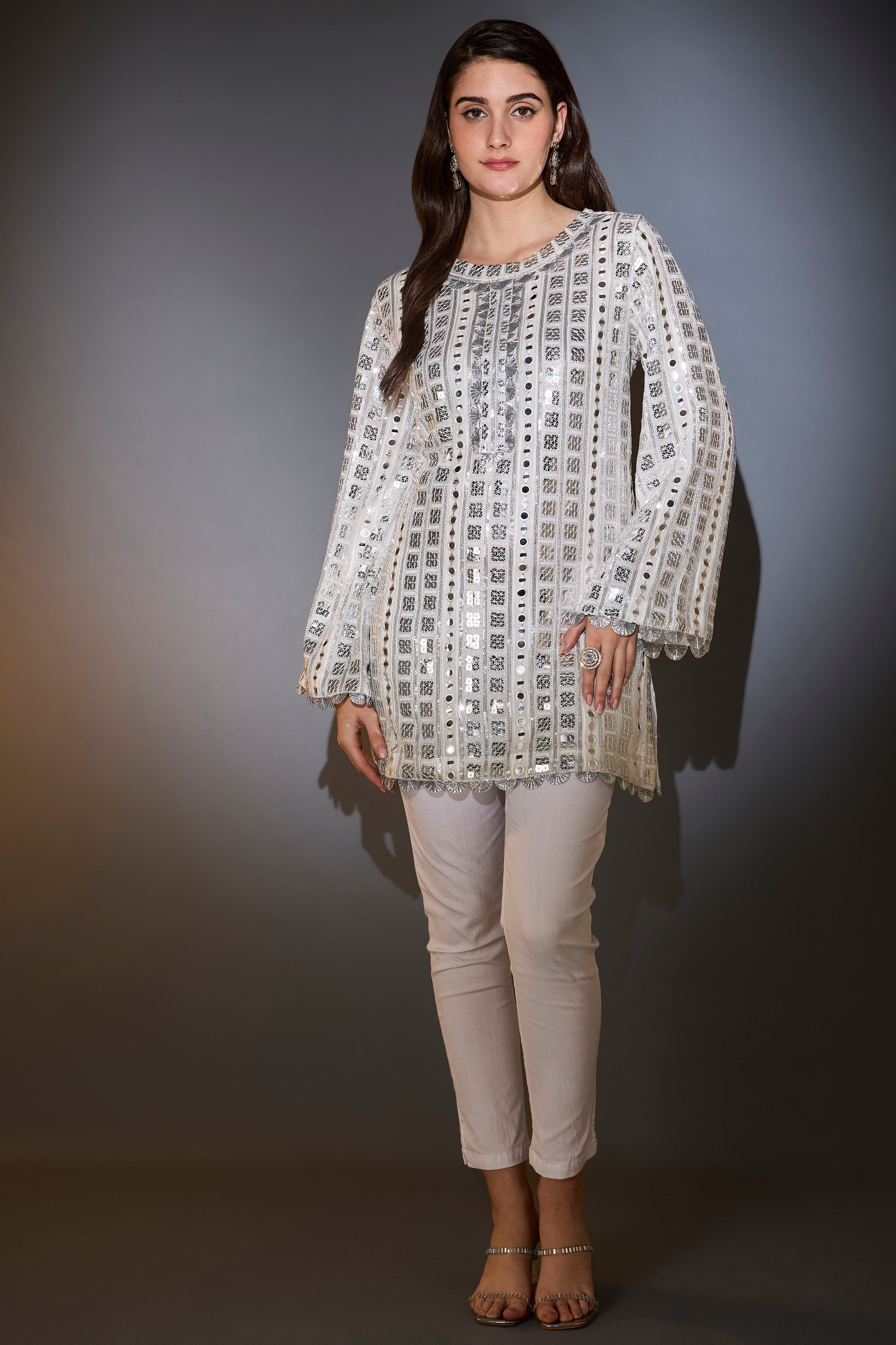white heavy mirror work tunic