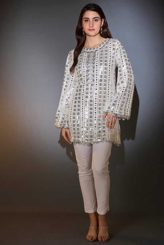white heavy mirror work tunic