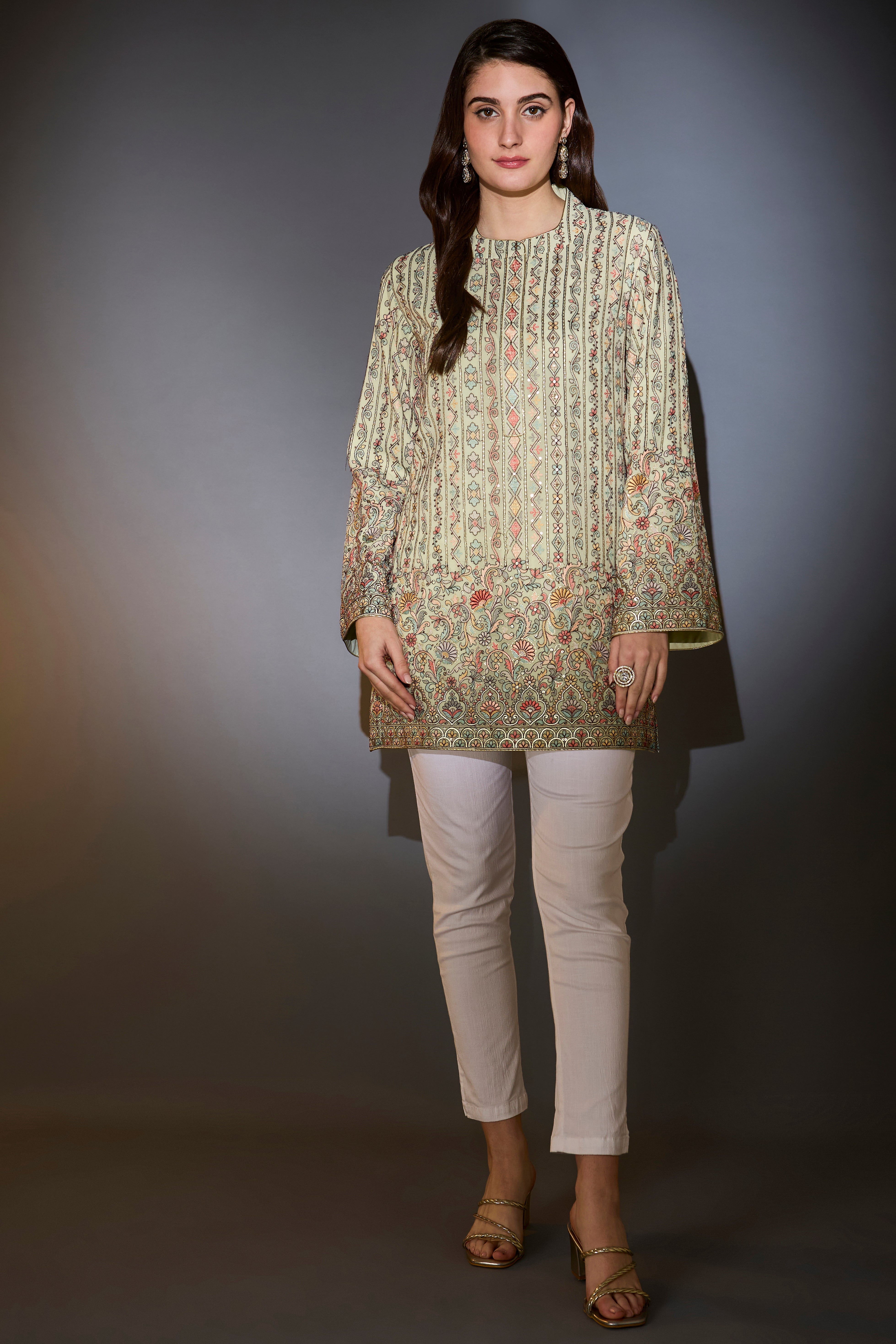 mint green tunic with multi thread embroidery