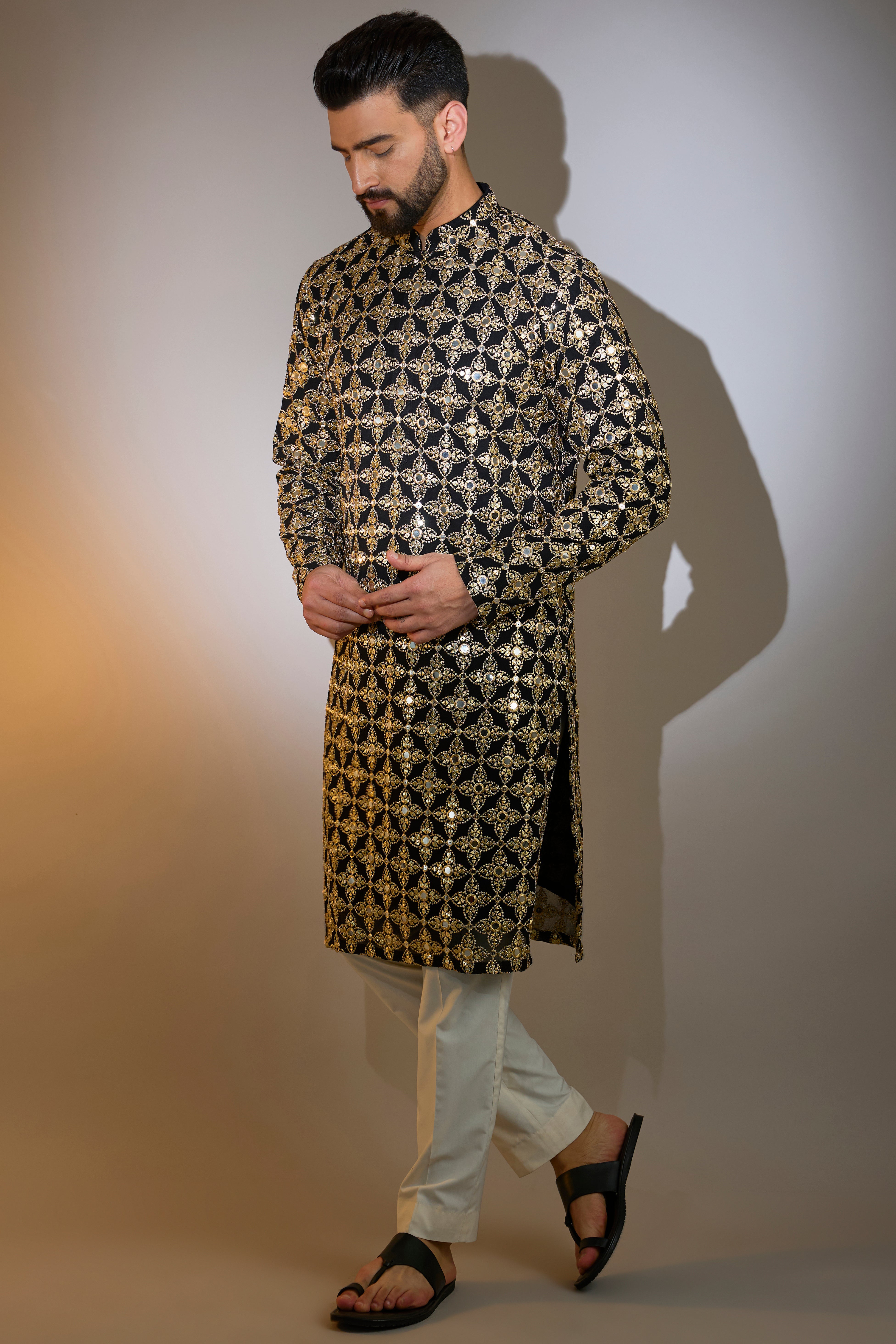 black mirror work kurta with heavy zari detailing