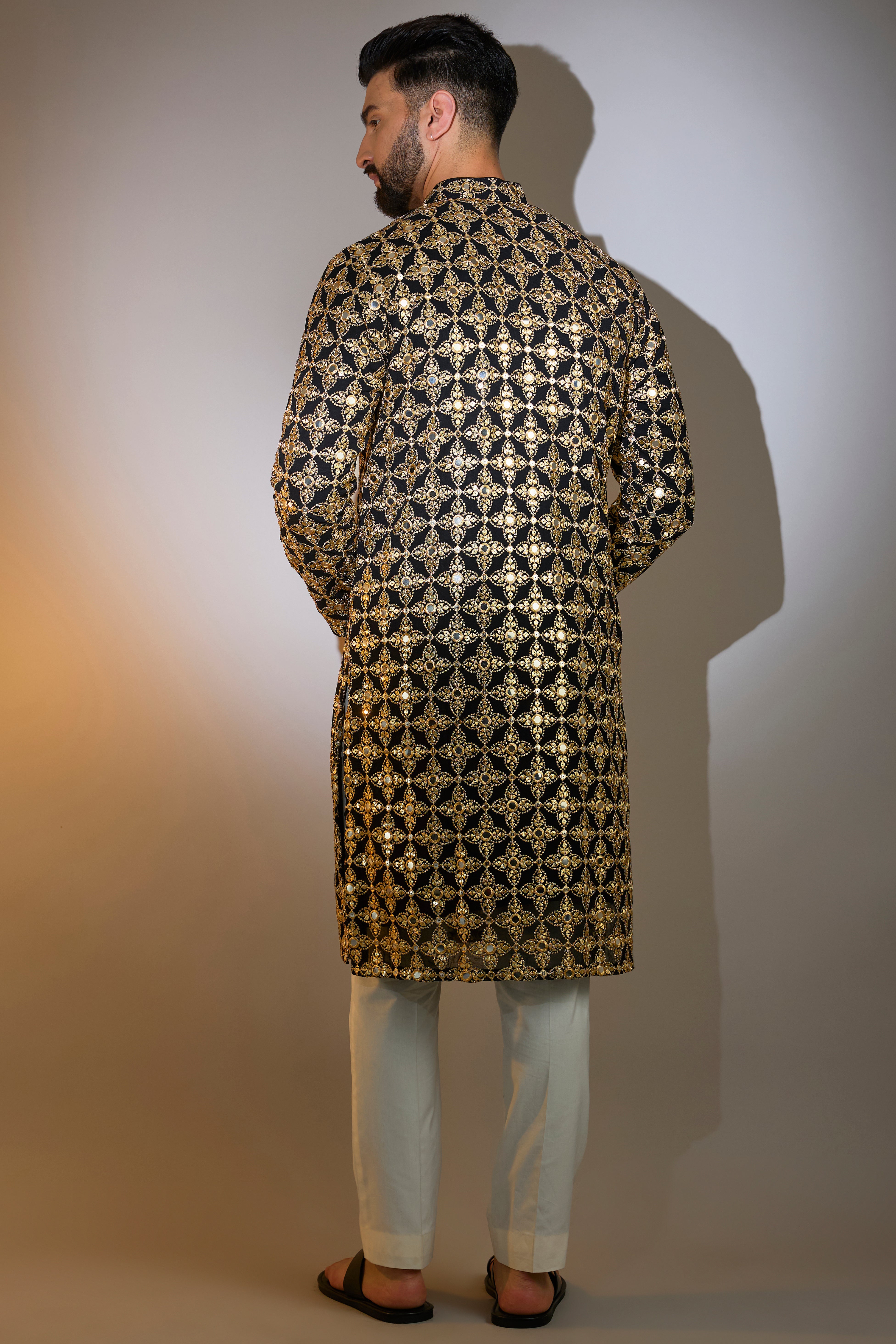 black mirror work kurta with heavy zari detailing