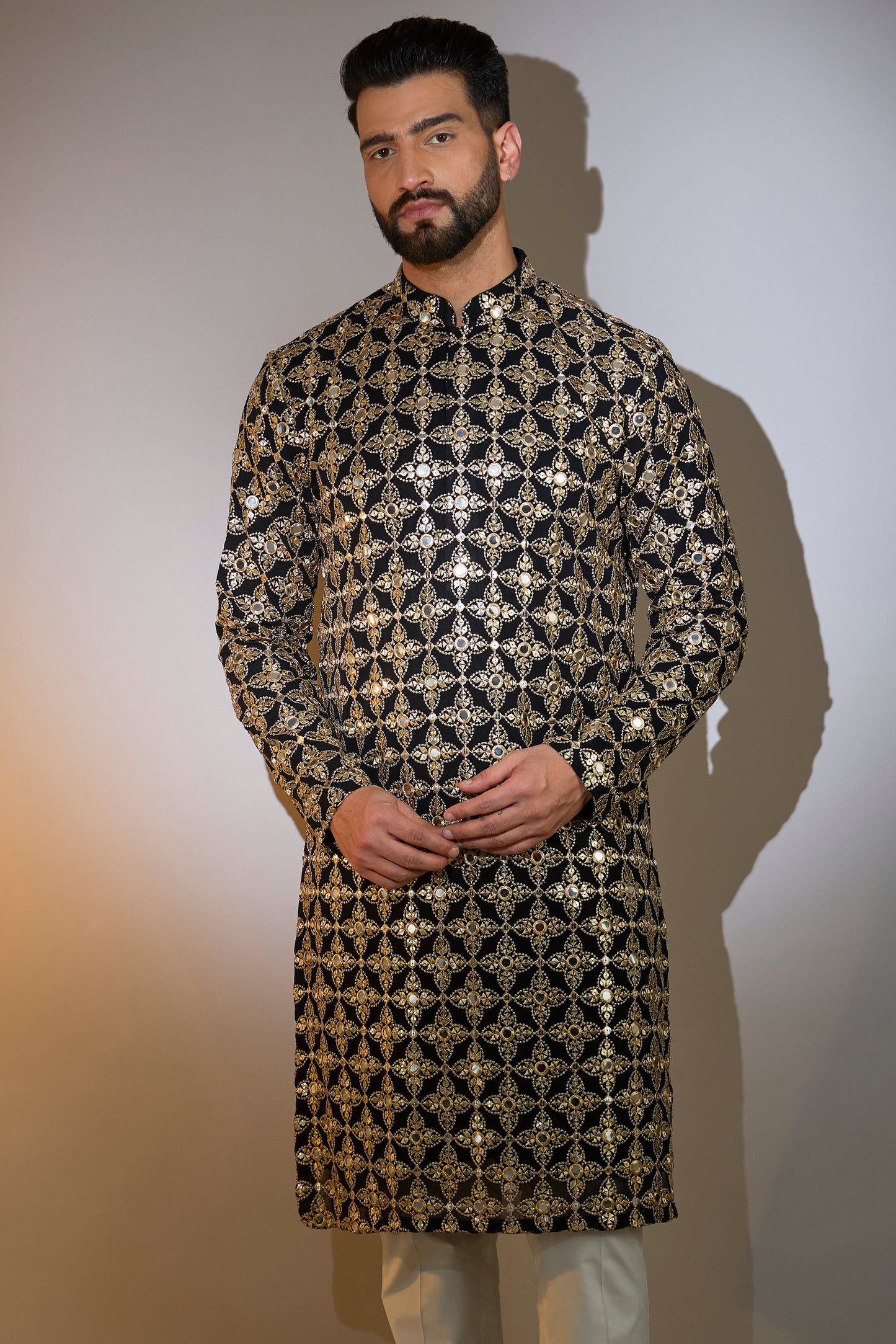 black mirror work kurta with heavy zari detailing