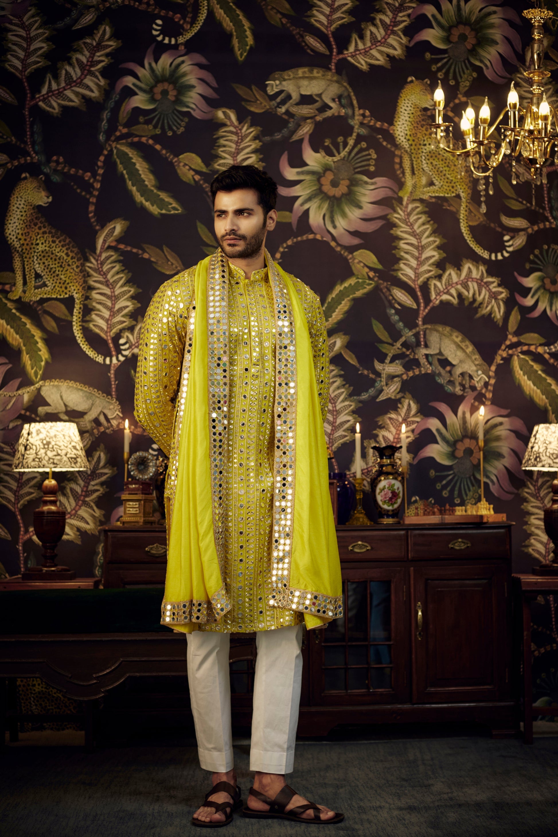 Bright Yellow Mirror-work Kurta paired with Mirrorwork Stole - kasbahmen