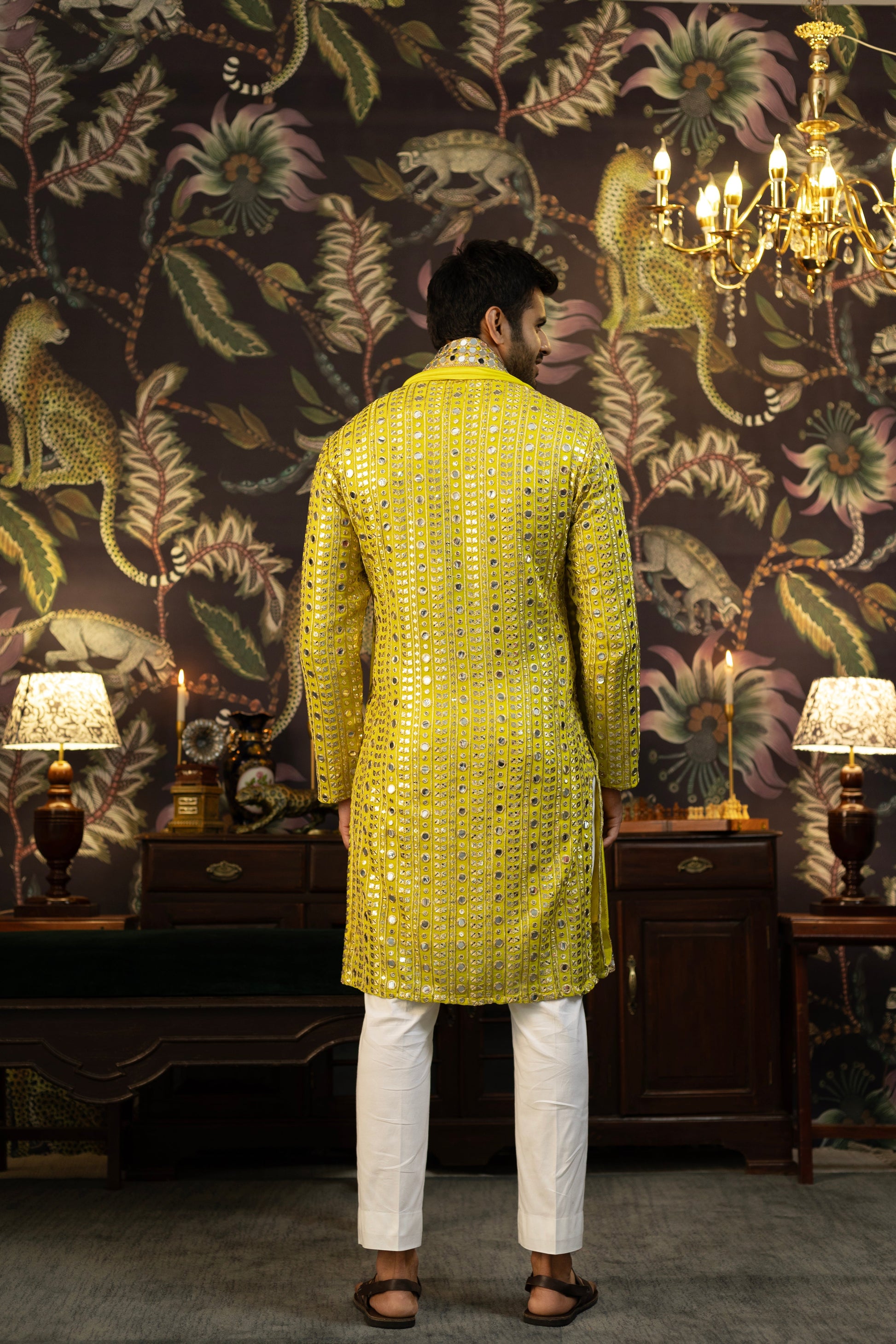 Bright Yellow Mirror-work Kurta paired with Mirrorwork Stole - kasbahmen
