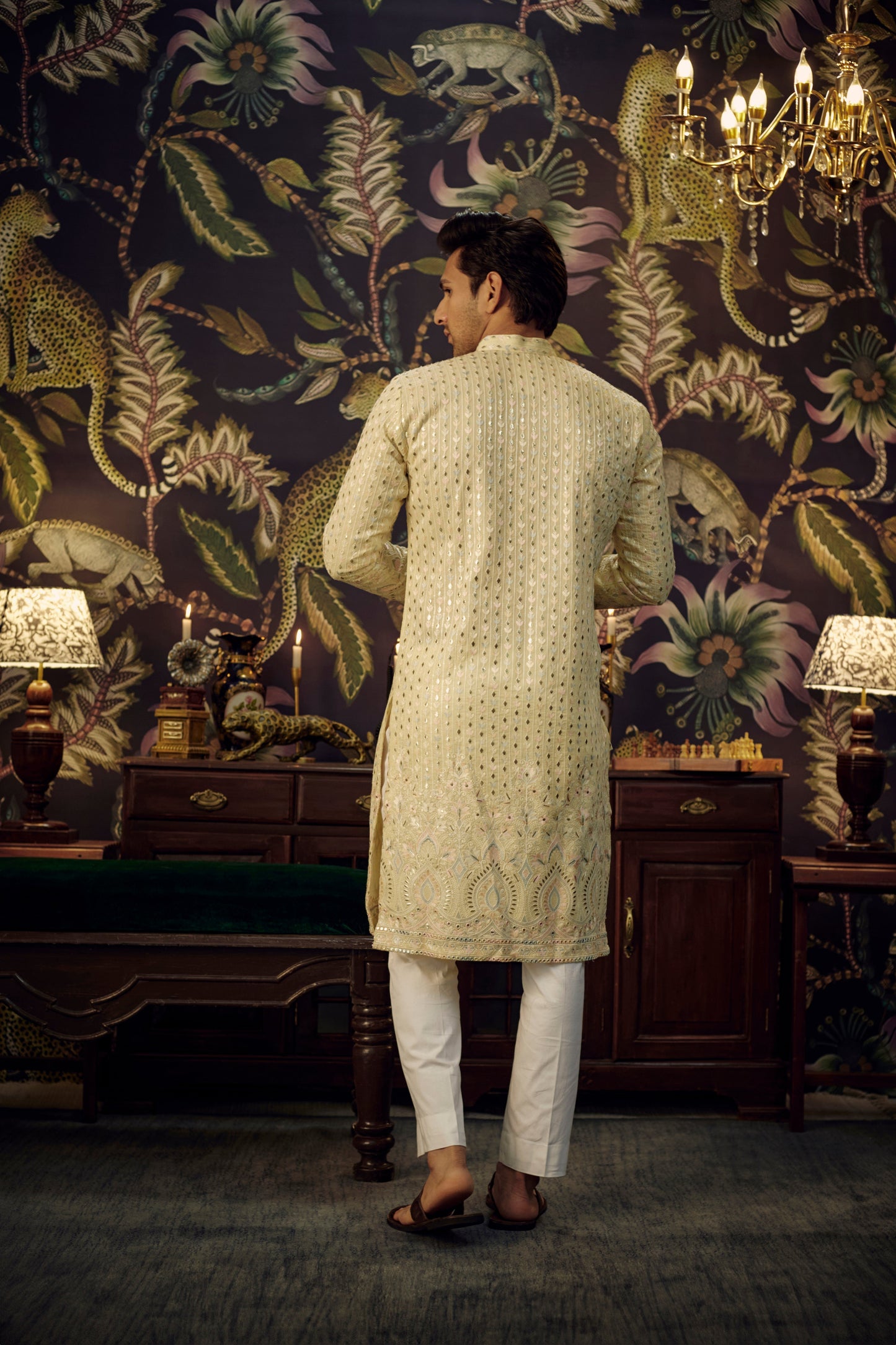 Cream Chikankari Kurta with intricate multi-threadwork and detailed embroidered ghera. - kasbahmen