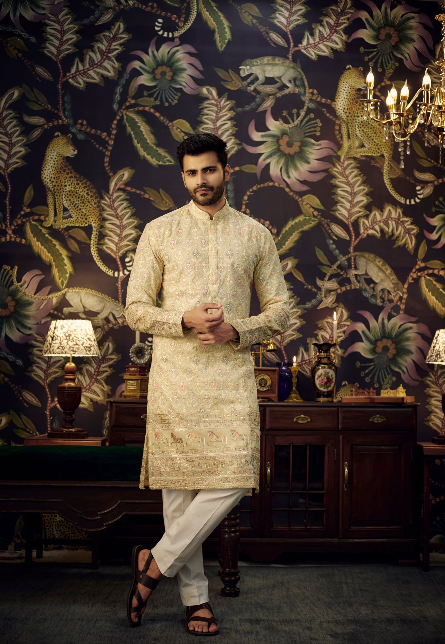 Cream multi embroidered kurta with intricately done horse figures - kasbahmen