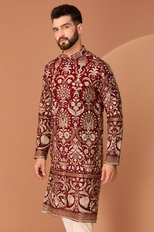 Red-maroon floral kurta with intricate zari work - kasbahmen