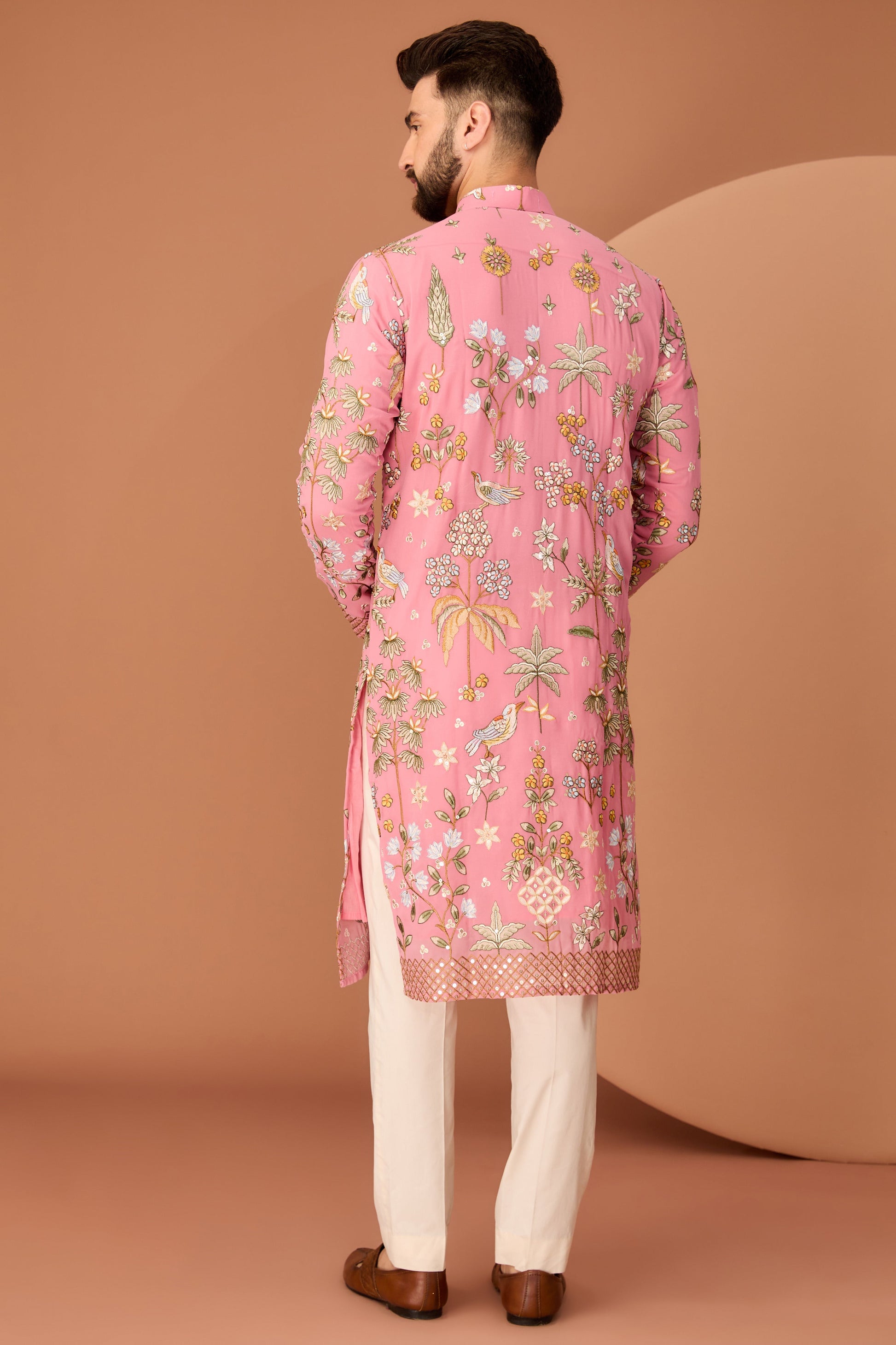 Dark Pink flora-fauna embroidered kurta - kasbahmen