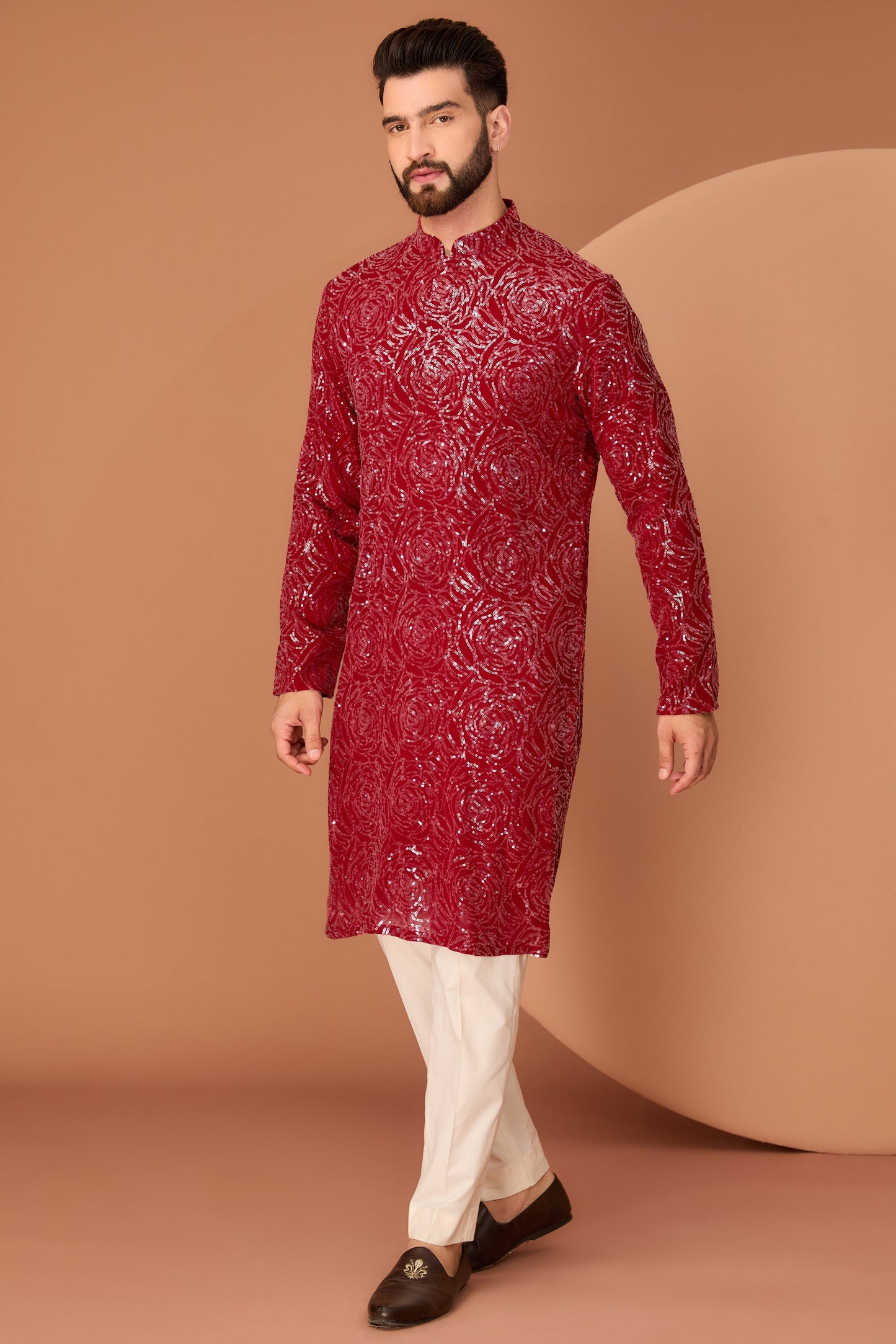 Red fully sequined kurta with floral embroidery - kasbahmen