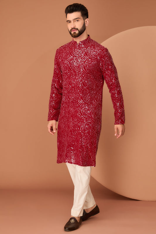 Red fully sequined kurta with floral embroidery - kasbahmen