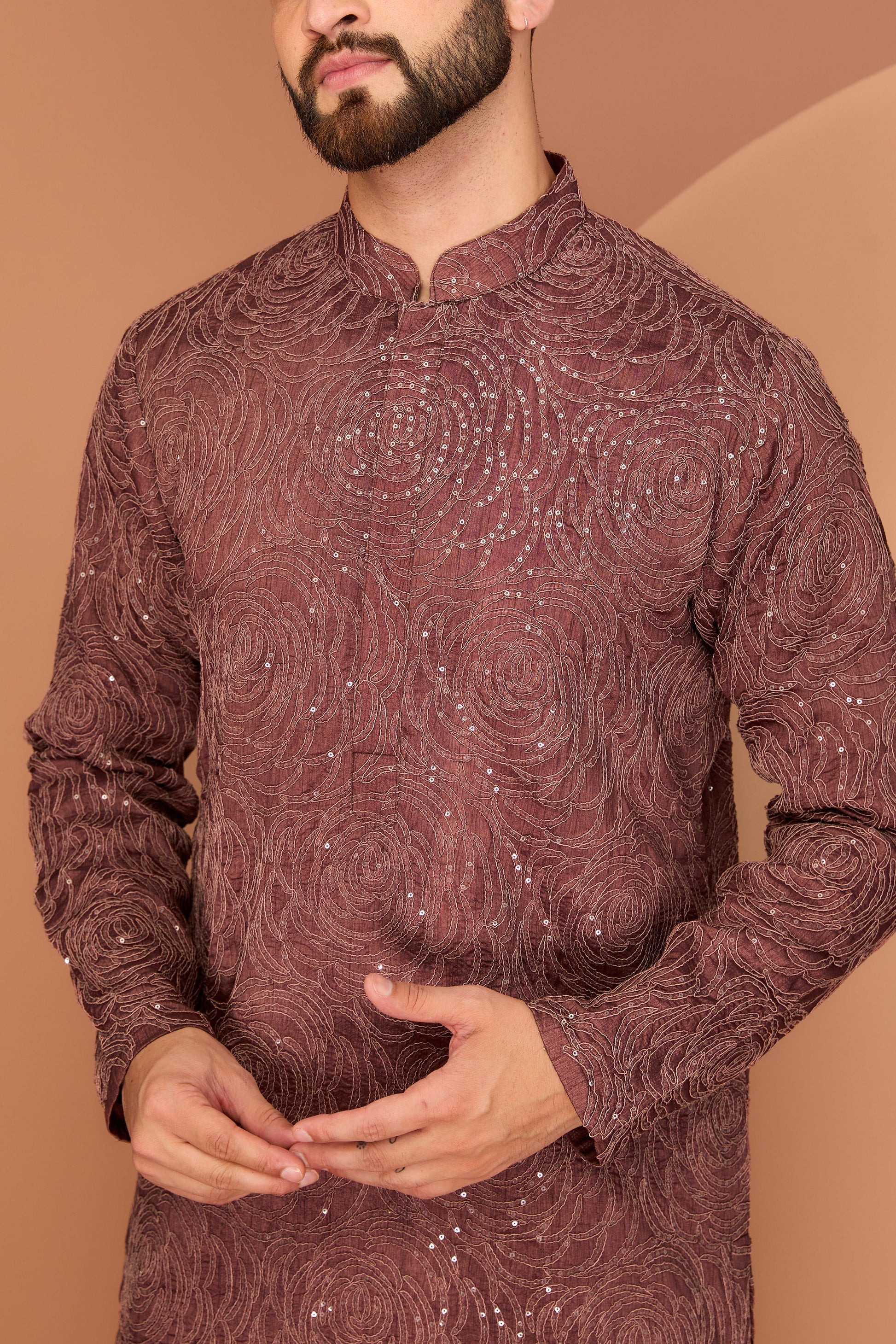 Dark rust brown floral embroidered kurta - kasbahmen