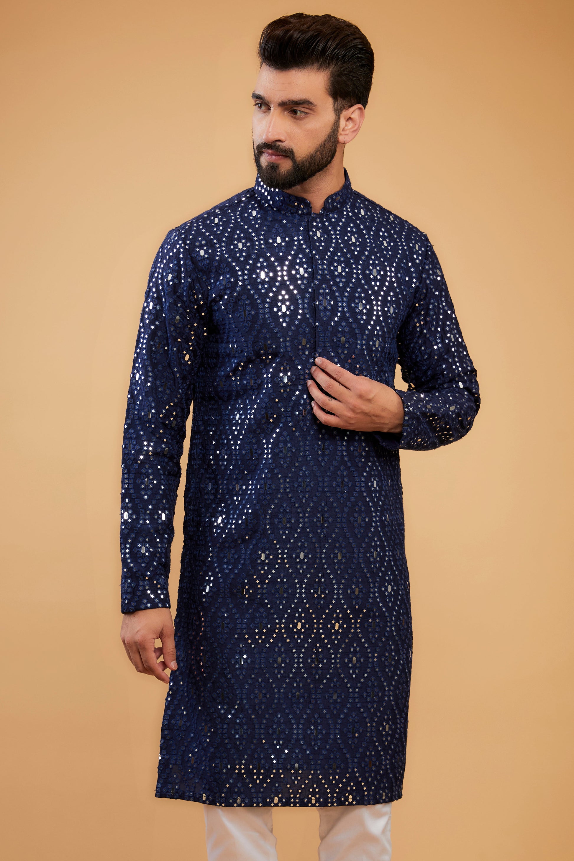 Regal Midnight Blue Mirror-work kurta - kasbahmen