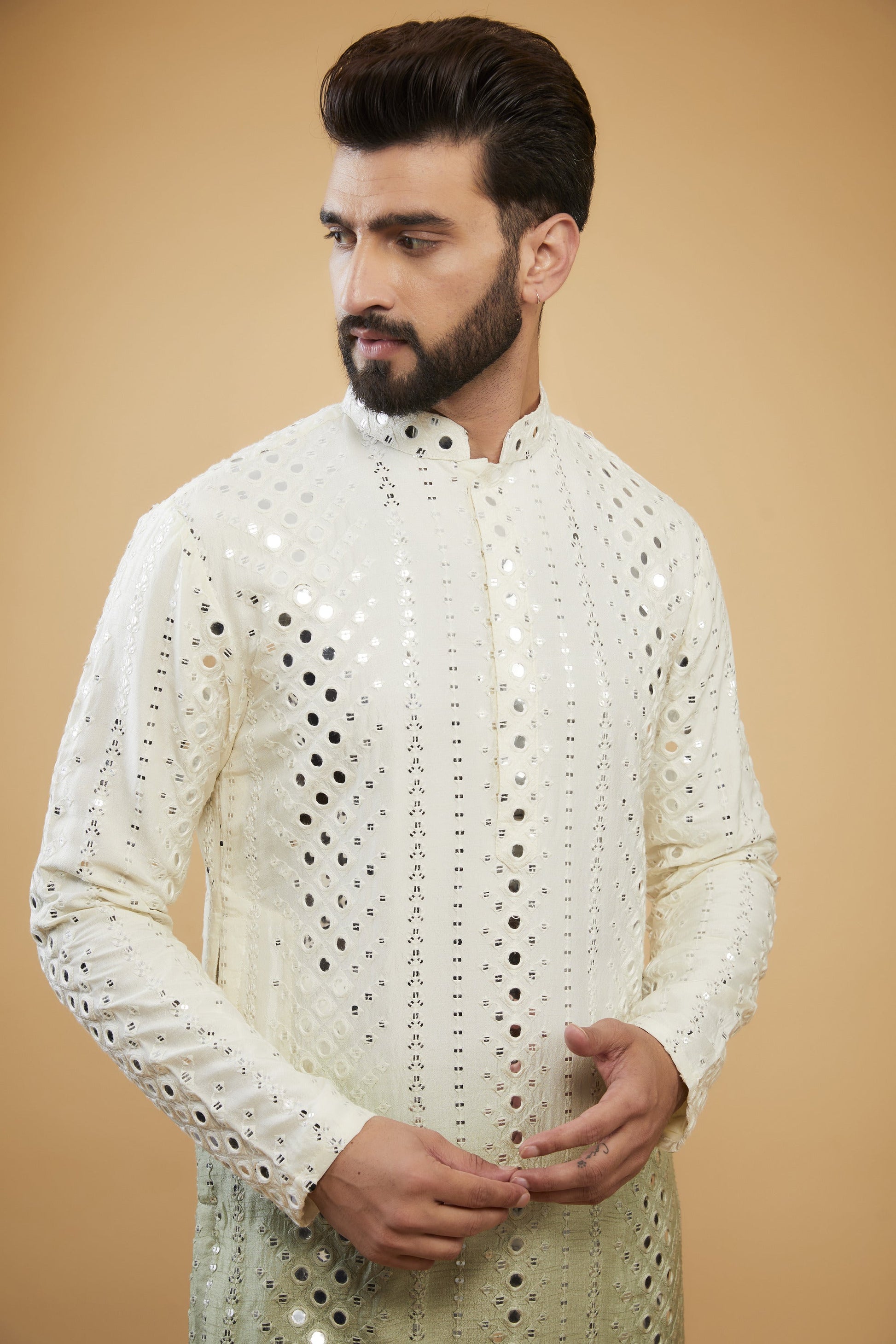 Cream to sage green ombre shaded mirror-work kurta - kasbahmen