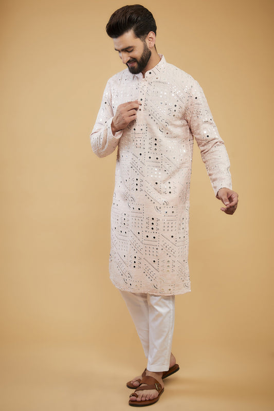Classic baby pink mirror-work kurta - kasbahmen