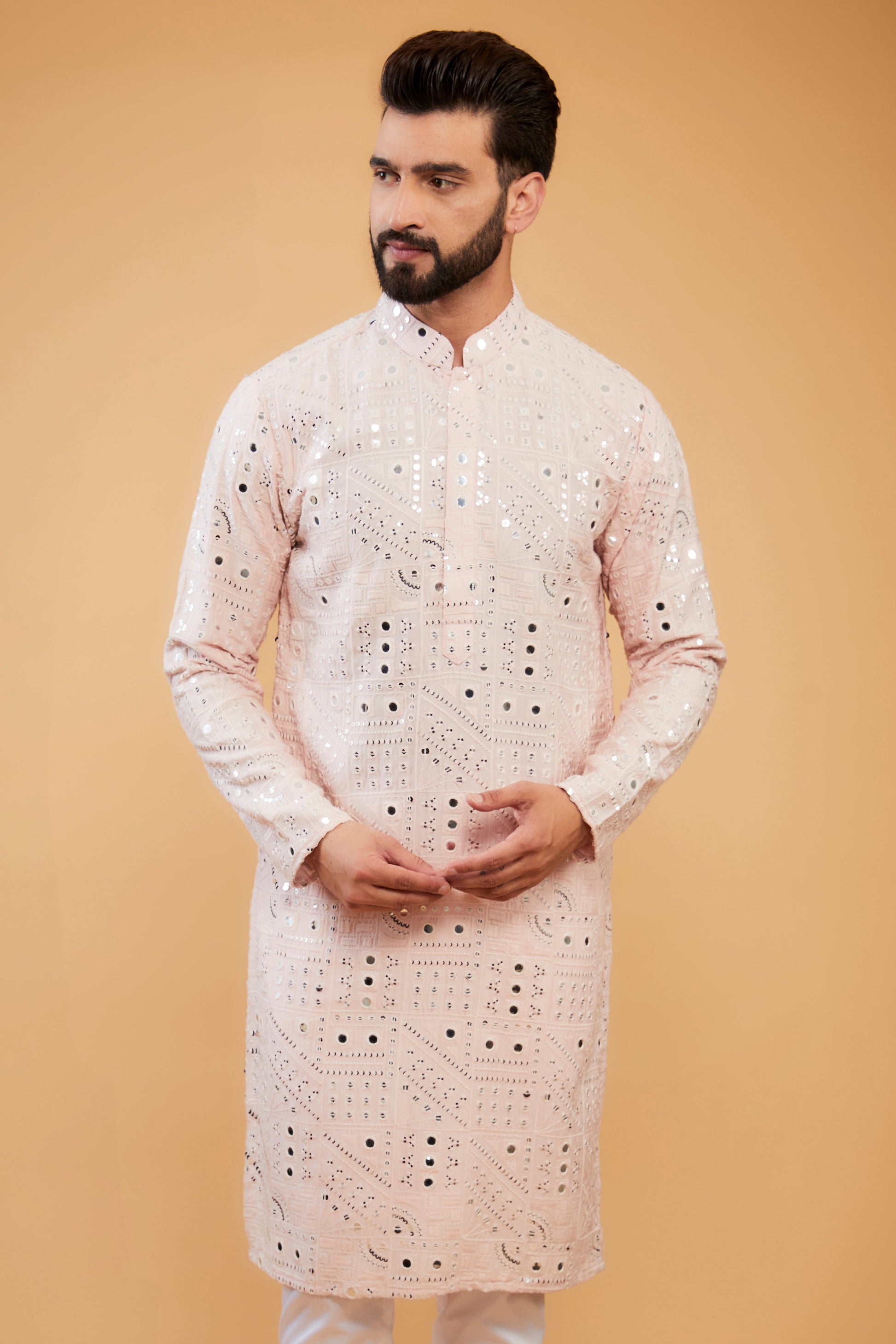 Classic baby pink mirror-work kurta - kasbahmen