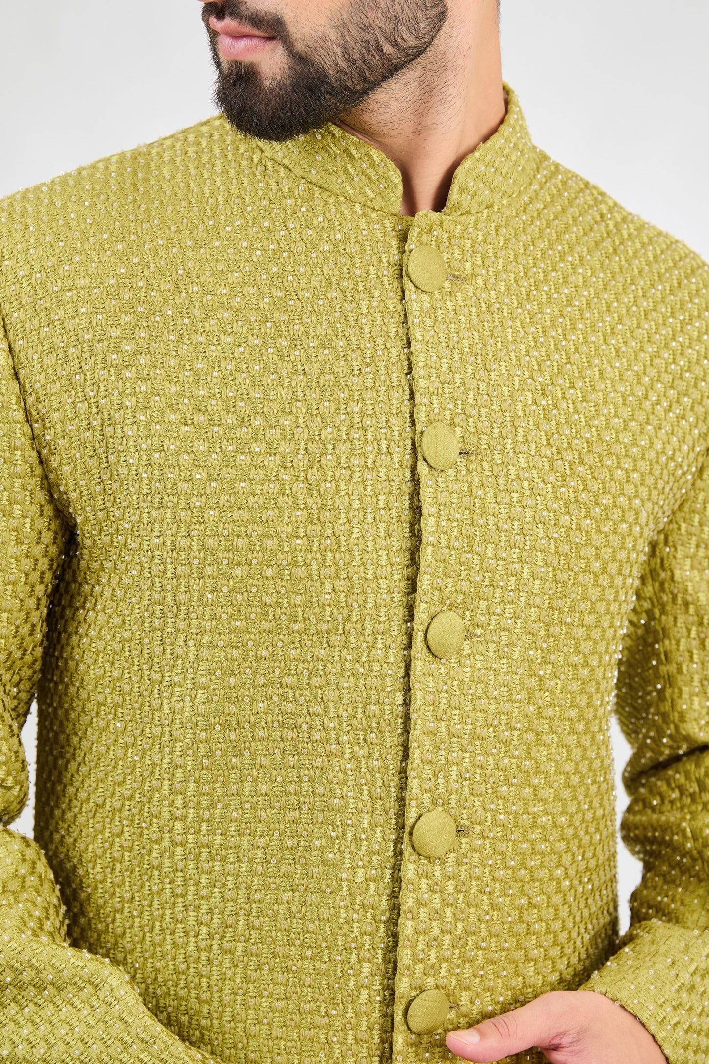 Neon green sherwani with intricate cut-dana work. - kasbahmen