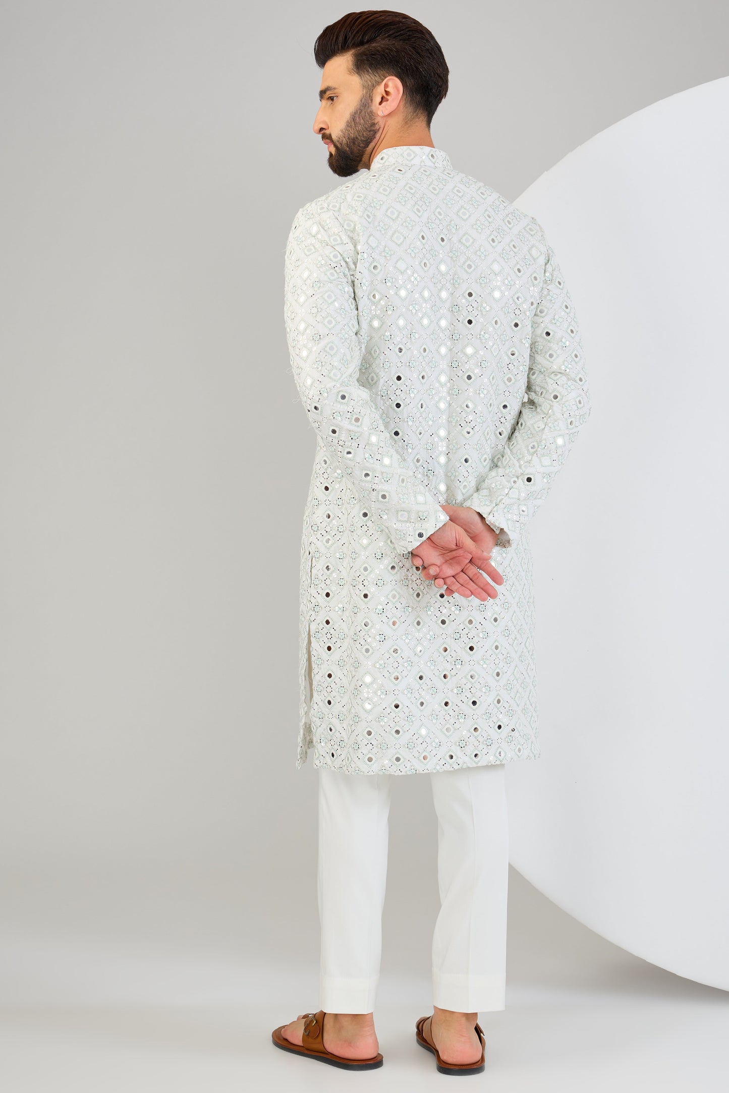 Signature mirror-work kurta with sea-green and ivory thread-work. - kasbahmen