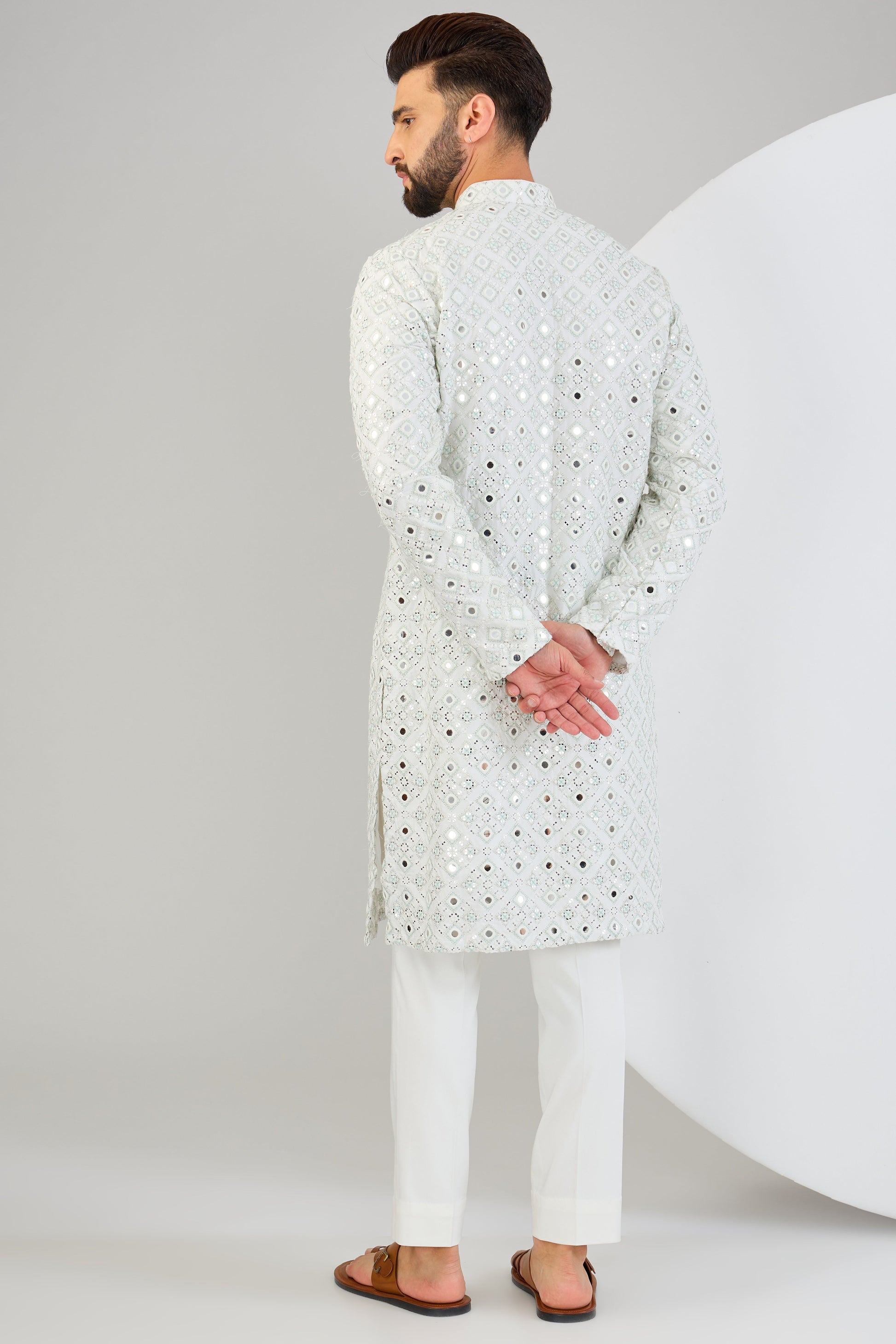Signature mirror-work kurta with sea-green and ivory thread-work. - kasbahmen