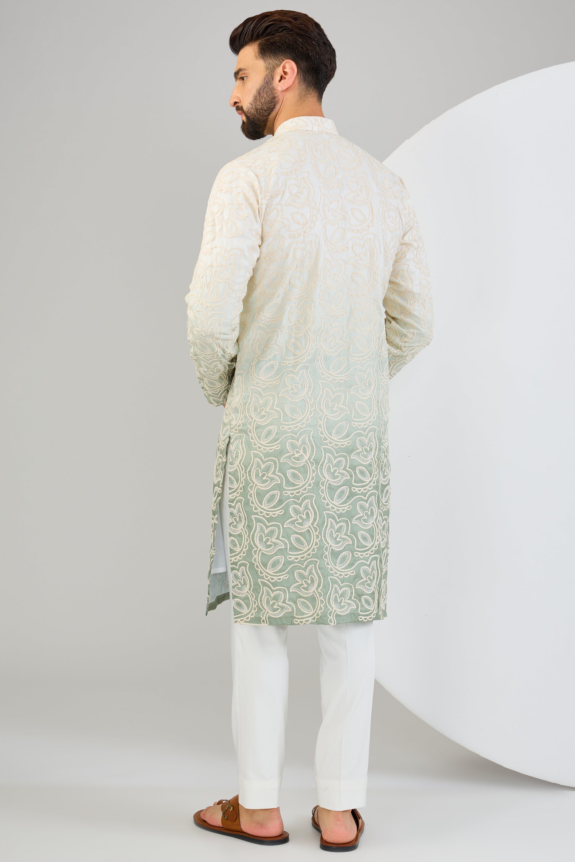 Sea-green ombre shaded chikankari kurta. - kasbahmen