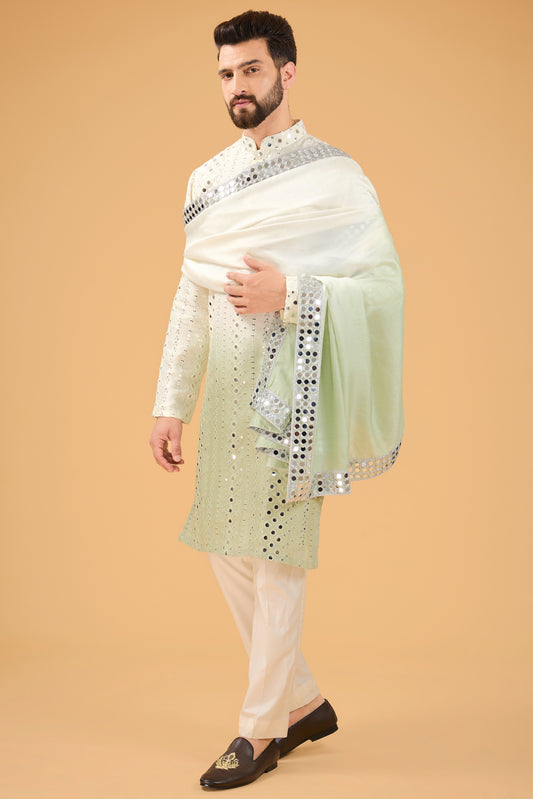 Cream-sage green ombre mirror-work kurta with mirror-work stole. - kasbahmen