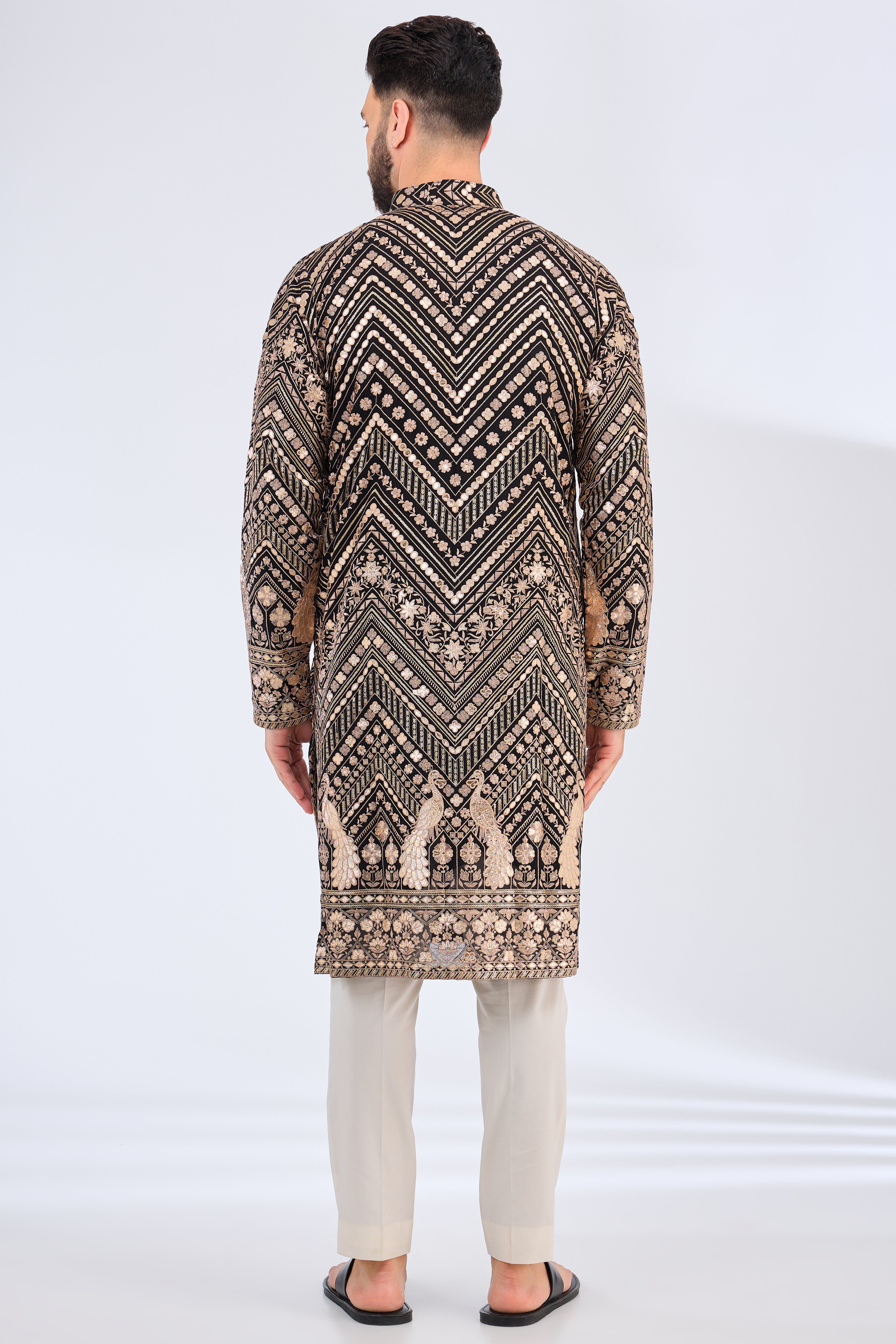 black leather patchwork kurta with peacock motifs - kasbahmen